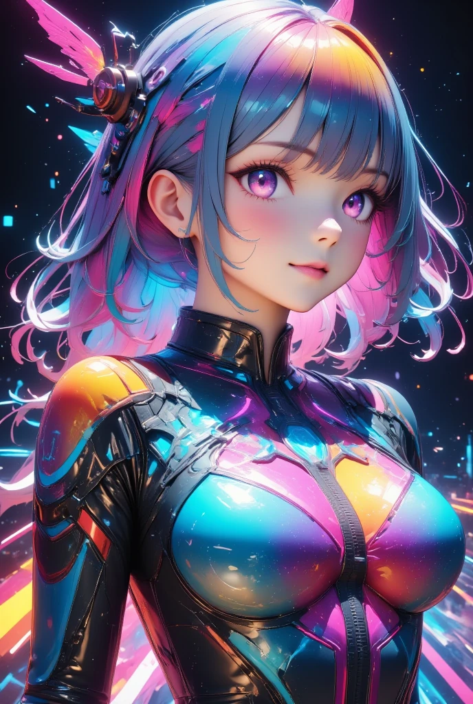 (masterpiece, best quality:1.2), 1girl, solo, cyber girl, futuristic cyberpunk, neon lights, glowing eyes, intricate cybernetic implants, glowing circuits, metallic textures, dynamic pose, cinematic lighting, vibrant colors, technologically advanced