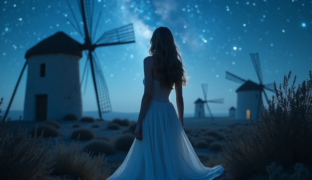 A woman dancing in a white dress in front of a large painting in a gallery in the center of the painting there is a horse and the moon and a wheat field with small roses Her back is bare Barefoot Tattoo in the back anklet in the man Une femme dansant en robe blanche devant un grand tableau dans une galerie au centre du tableau il y a un cheval et la lune et un champ de blé avec de petites roses Son dos est nu The board has a sea --auto