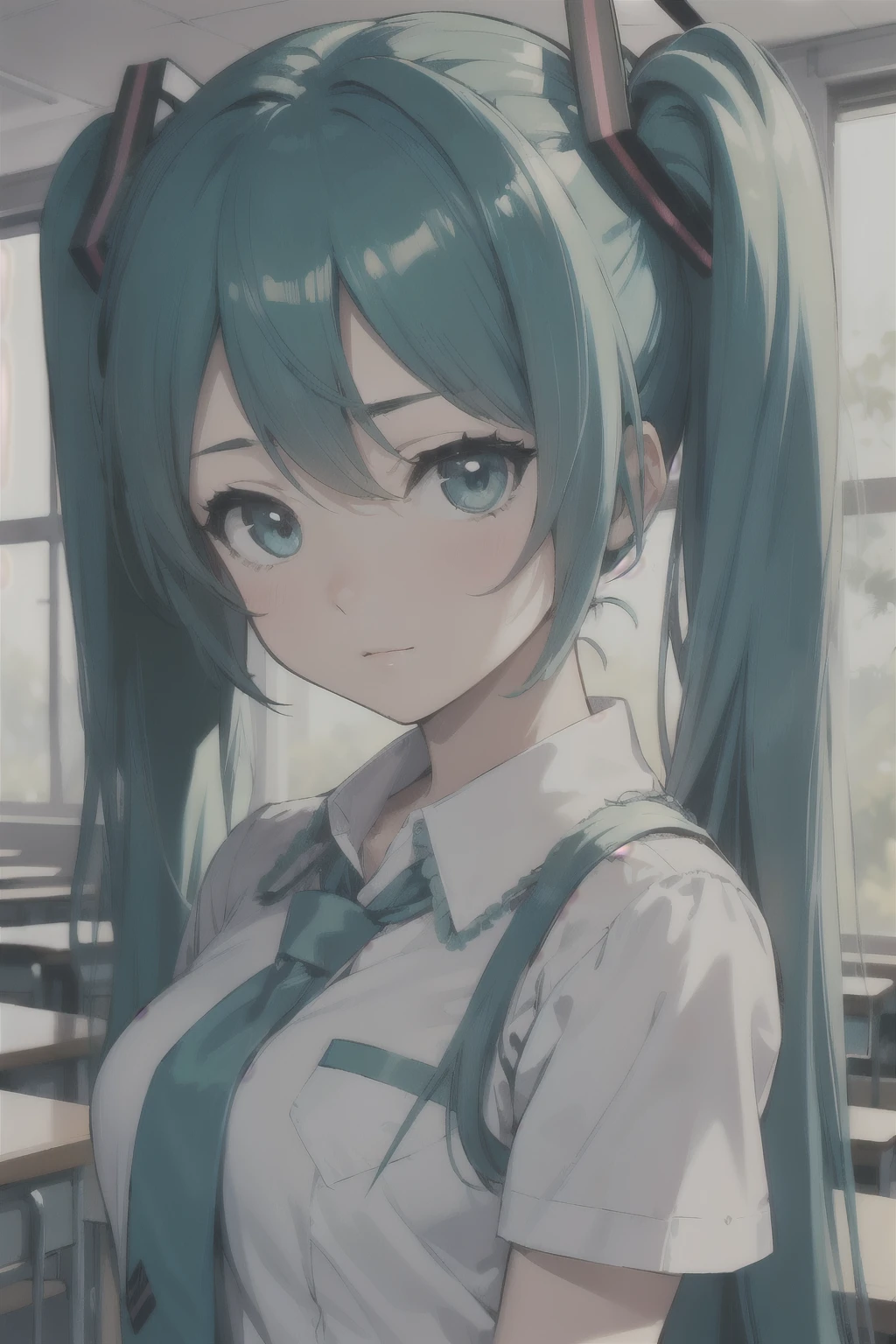 masterpiece, Best quality,1 Girl, portrait, Upper body, School Uniform, classroom, World plan, Hatsune Miku,