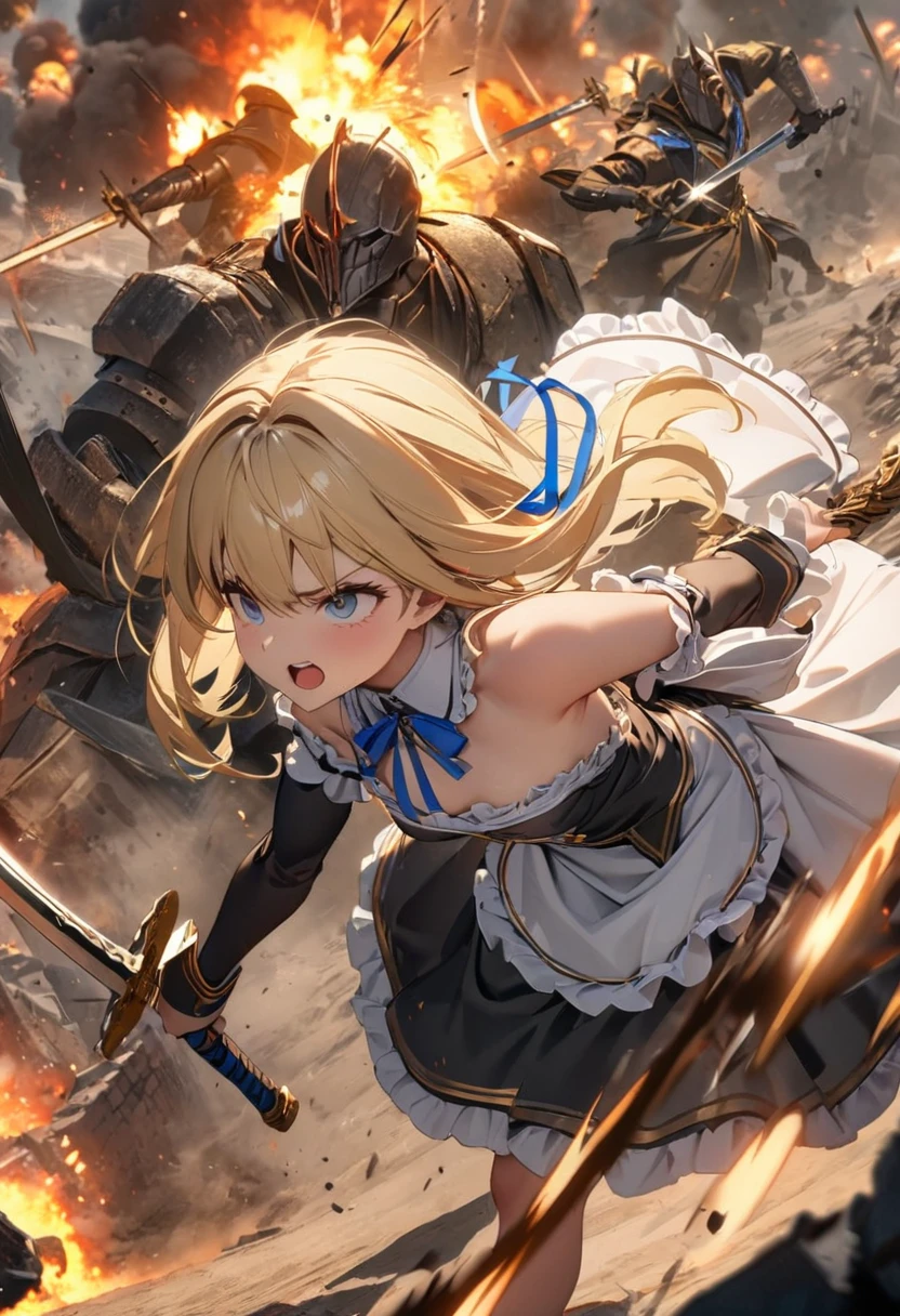 (8k, super high quality, masterpiece:1.2), Ultra-high resolution, One Girl, cute, (Blonde, Small breasts,  black dress to hang your body,  White Apron , Blue ribbon, Gold A-line, Gold accents, Apron dress, Maid uniform, Long), Burning Battlefield, Castle Defense, explosion, Large two-handed sword, (Western design sword), Sword fight, A strong enemy in front of me, Close race, Fierce Fight, Deadly Combat, Being cornered, I&#39;m somehow managing to protect it all by myself., Slashed by a sword, (Torn Apron), (Torn clothes), (Dirty clothes), (Dirty with ash and soot), Whole body dirt, scratch, Blood, Brandishing a sword with both hands, 