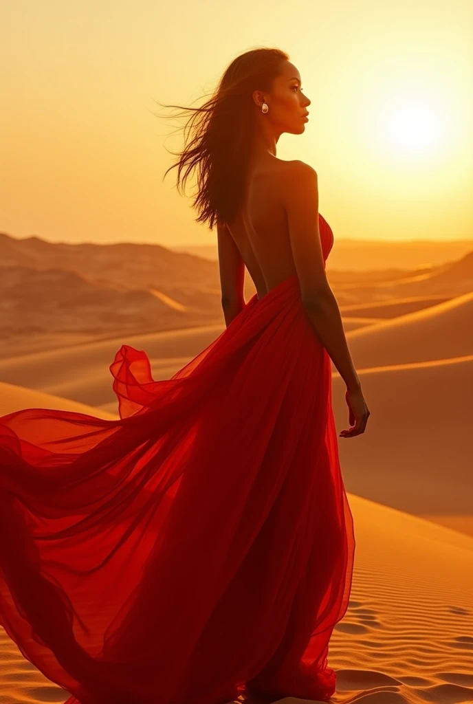 Woman, Brunetette, long  curly hair, wearing a flowing red dress and a golden mask, Running in the desert.
