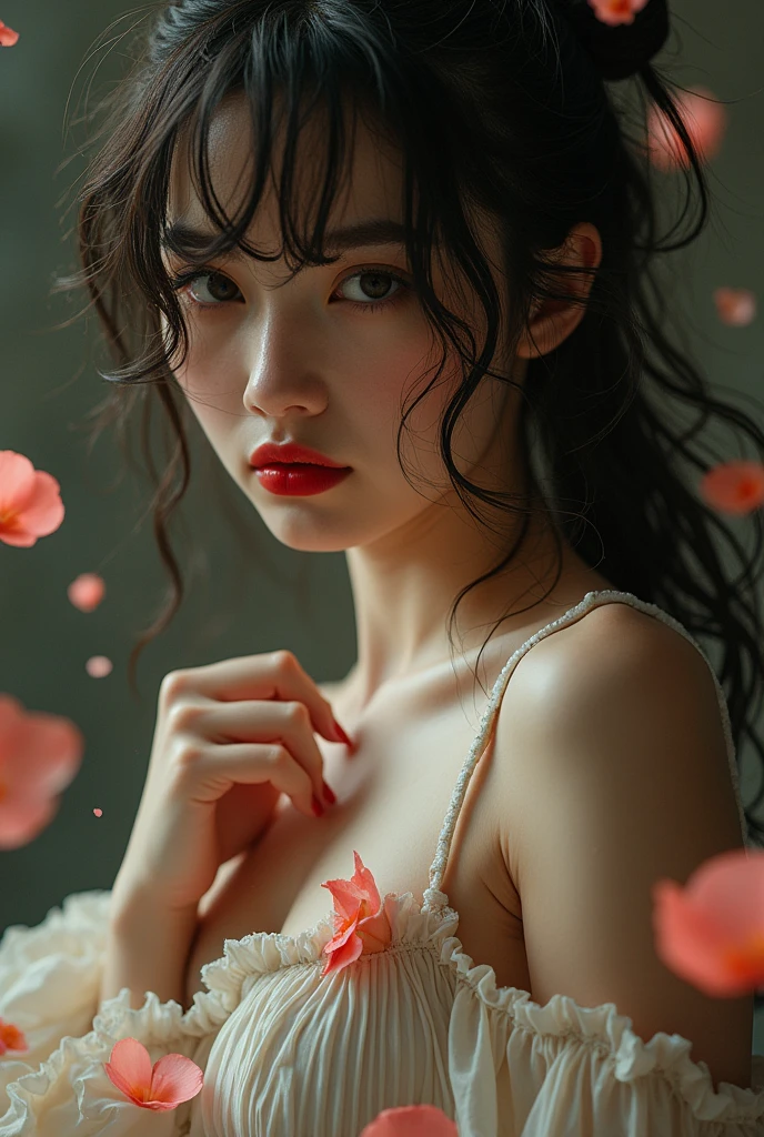 Photography，HD，Real People，1 Asian girl，Smell the flowers，The movements are natural and elegant，1，Slightly fat，Red nails，Beautiful facial features，Exquisite makeup，Exquisite eyes，Eye details，Dark eyeshadow，Pearl Necklace，Black suspender skirt，Shoulder，arm，Soft light and shadows indoors，Rich details