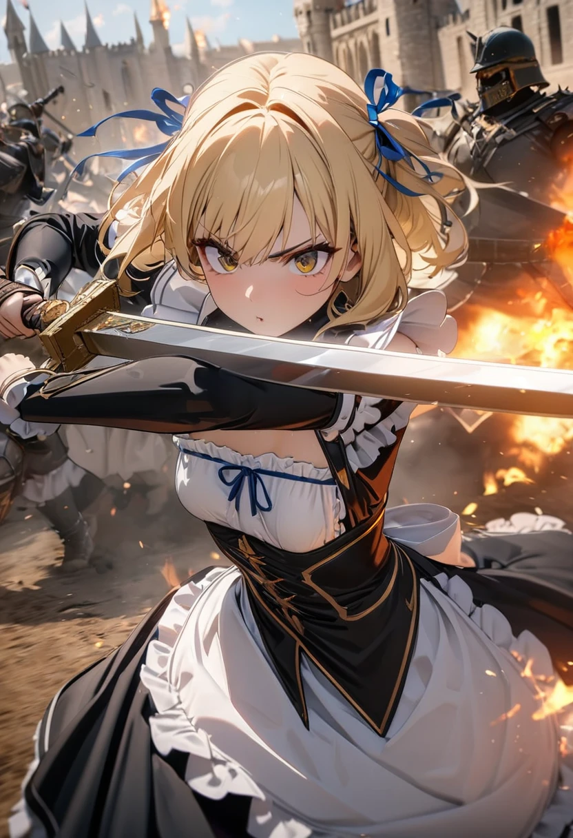 (8k, Best Quality, masterpiece:1.2), Ultra-high resolution, Blonde, Small breasts,  black dress to hang your body,  White Apron , Blue ribbon, Gold A-line, Gold accents, Gothic maid outfit, Long, Burning Battlefield, Castle Defense, Large two-handed sword, (Western design sword), Sword fight, A strong enemy in front of me, Close race, Fierce Fight, Deadly Combat, Being cornered, I&#39;m somehow managing to protect it all by myself., (Slashed by a sword:1,4), (Torn Apron:1.2), (Torn clothes:1.2), (Dirty clothes:1,2), (Dirty with ash and soot:1,4), Whole body dirt, scratch, Blood, Brandishing a sword with both hands, 