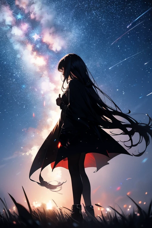 (masterpiece, top quality, best quality,watercolor (medium),official art, beautiful and aesthetic:1.2),(1girl:1.3), (fractal art:1.3), banner for captions held by a womanupper body, from side, looking at viewer,patterns,(dark purple crystal color Hair,dark hair, pale skin, dark atmosphere, dark coloring, sparkling lights and reflections, half purple and half black hair:1.2),water,liquid, cloud, starry,stars, vibrant smoke, mystery
