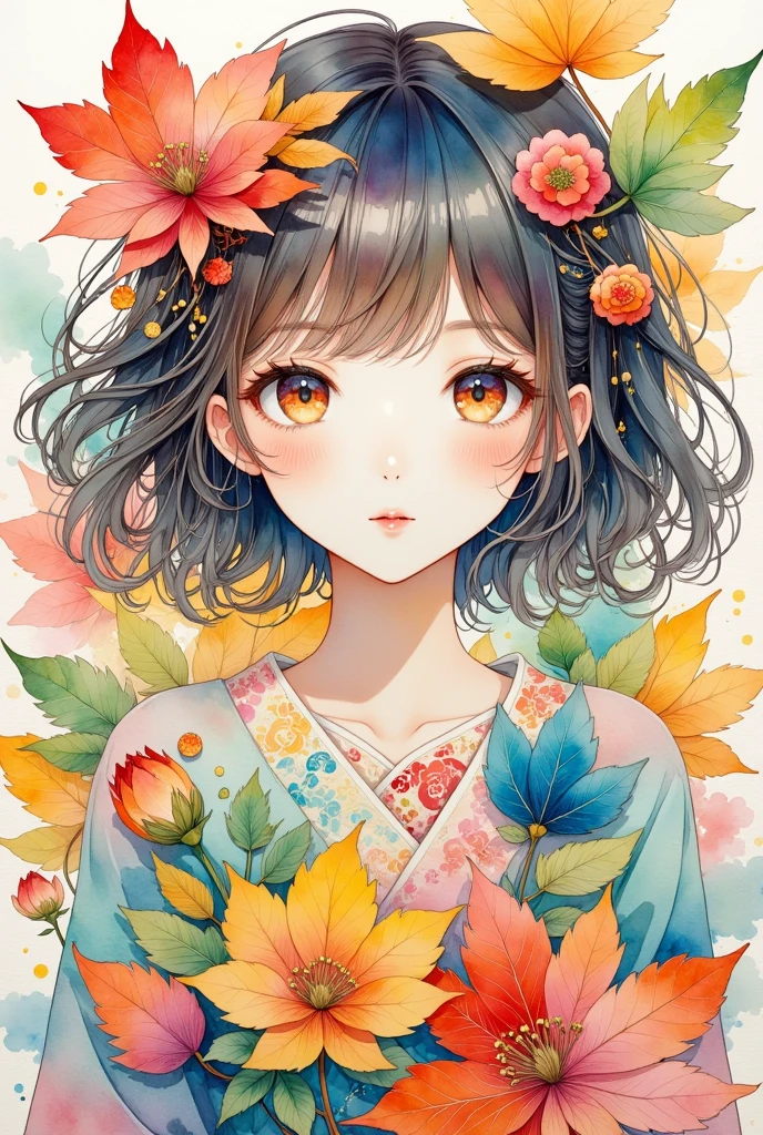 a woman wearing autumn clothes, detailed face and eyes, beautiful detailed lips, extremely detailed eyes and face, long eyelashes, intricate autumn leaves pattern background, watercolor painting style, layered composition, bleeding and faded watercolor effects, vibrant colors, natural lighting, detailed rendering, masterpiece, photorealistic, 8k, high quality