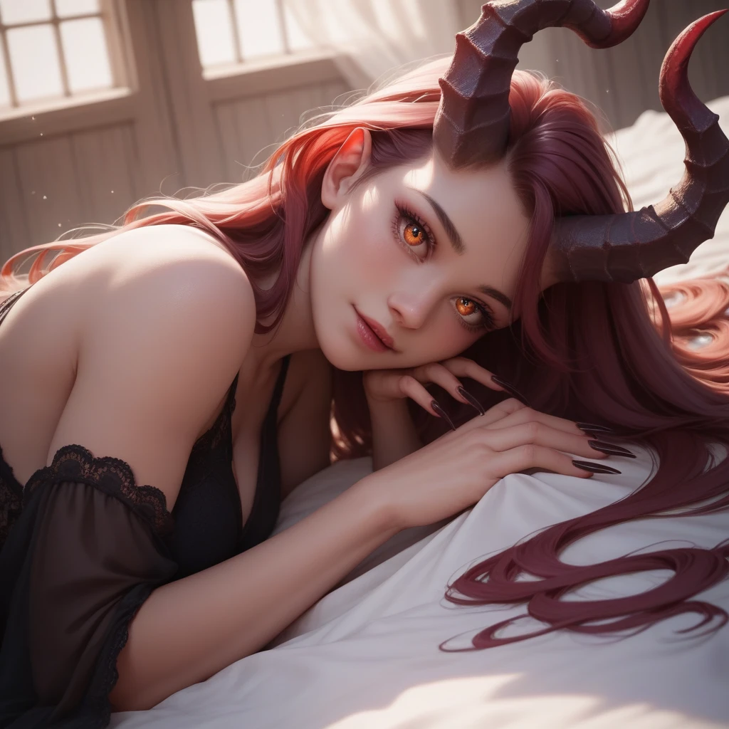 a 19-year-old female demon with blond messy long hair, small red horns on her forehead, a long demon tail, sitting naked on her bed hiding her vagina with her hands, dark moody atmospheric environment, detailed realistic rendering, 8k, photorealistic, masterpiece