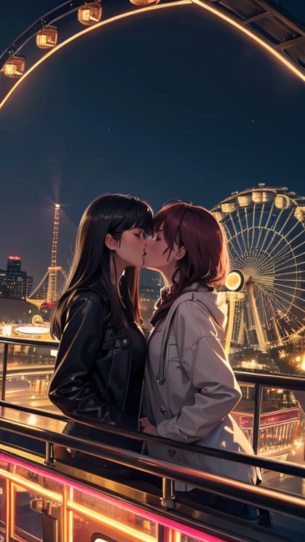 best quality, high quality, ultra quality,8k , masterpiece, detailed, extremely detailed, insanely detailed, ultra detailed, ultra highres ,exquisite, lifelike Images,cinematic experience,UHD picture,Realistic,photorealistic,hyperrealistic,vivid,RAW photo,shot by DSLR,
  (Amusement Park:1.2),Night, neon,Ferris Wheel, (Two women kissing on a Ferris wheel:1.2), date, kiss,(A long shot)