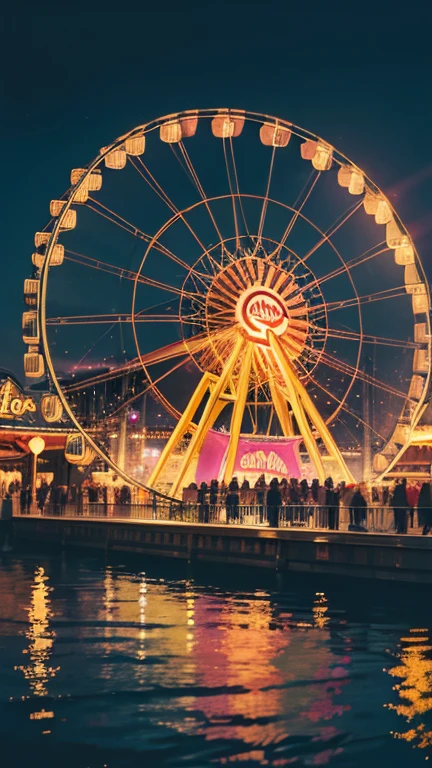 best quality, high quality, ultra quality,8k , masterpiece, detailed, extremely detailed, insanely detailed, ultra detailed, ultra highres ,exquisite, lifelike Images,cinematic experience,UHD picture,Realistic,photorealistic,hyperrealistic,vivid,RAW photo,shot by DSLR,
  (Amusement Park:1.2),Night, neon,Ferris Wheel, (Two women kissing on a Ferris wheel:1.2), date, kiss,(A long shot)