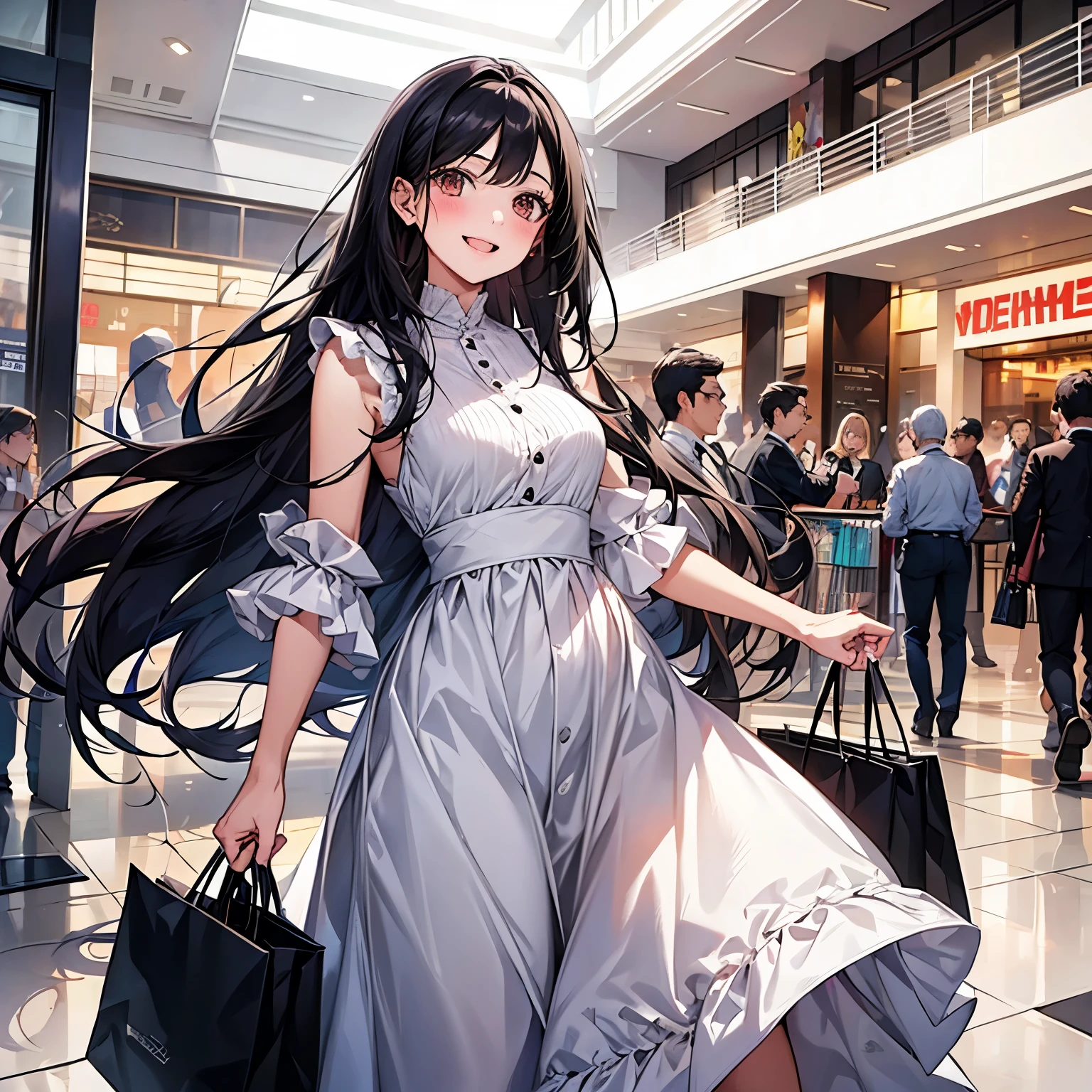 Shopping mall background　　A woman with long black hair walking forward and turning around　Smiling face　White dress　　Date image