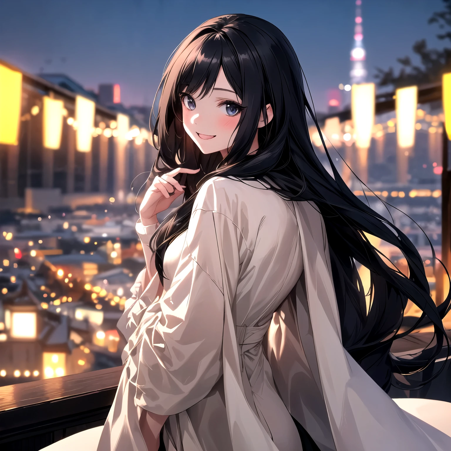 The background is a night city decorated with illuminations　Woman with long hair in black　Looking back and smiling face　 white dress　Put on a beige coat