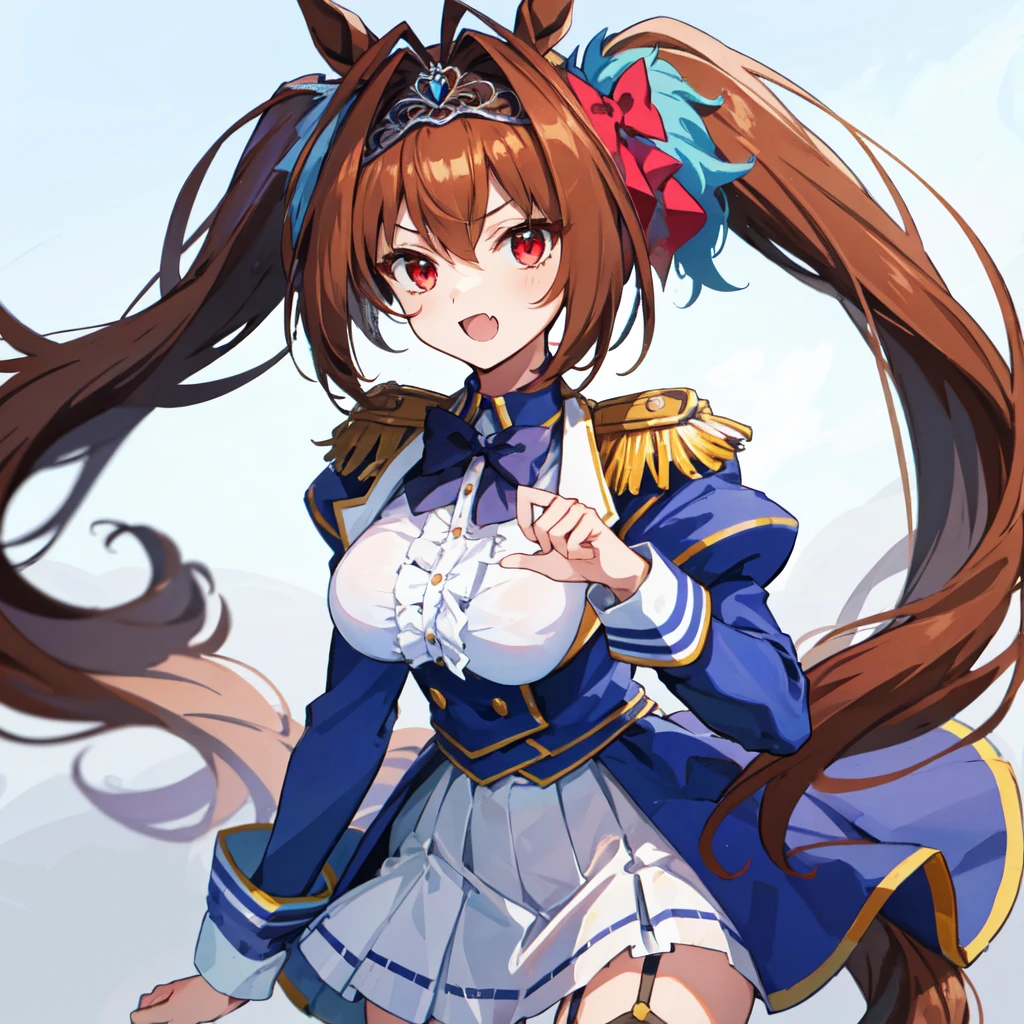 masterpiece, Ultra-high resolution, Best Quality, Super detailed, 1girl, solo, daiwa scarlet (umamusume), horse ears, twintails, tiara, horse tail, long hair, brown hair, epaulettes, garter straps, long sleeves, breasts, fang, red eyes, bowtie, bangs, blue jacket, white thighhighs, white shirt, white skirt, hair bow