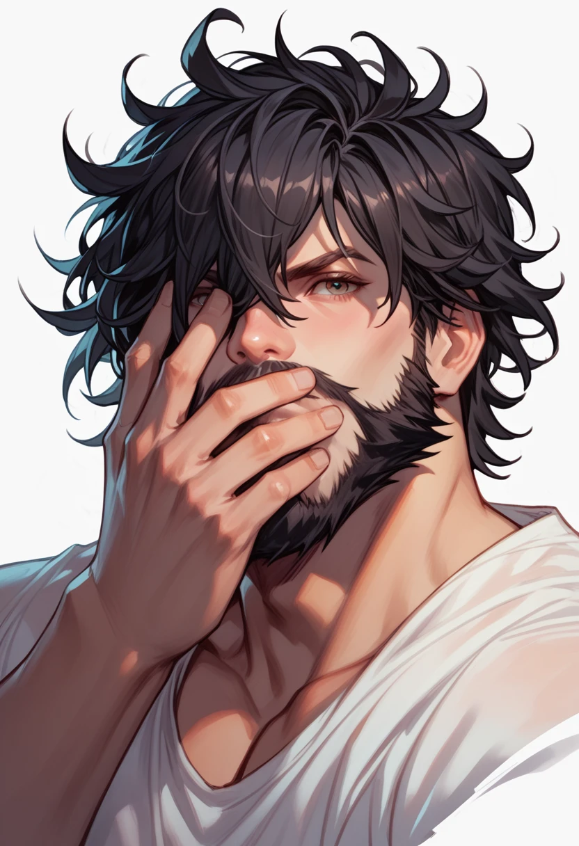 Human  Male , Black long Messy hair ,Beard  , Hair covering the face 