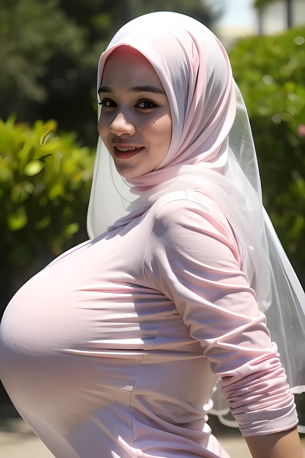 Chubby adorable, 1 girl, (face to face), , , happy, half body portrait, (face details: 1), (eye details: 1), ((big breasts)). wearing transparent transparency soft soft long shirt, hijab, .. Cute posed. proportional body. Ultra High Res. realistic: 1.4, UHD, (floral pattern), view from side seductive pose.