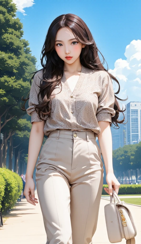 photorealistic anime illustration, a beautiful woman walking at the city park, long wavy hair, blouse, pants, handbag, elaborate details