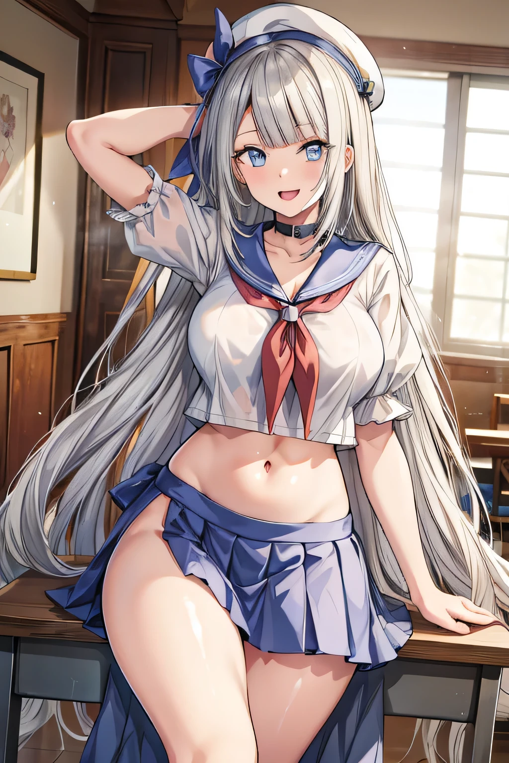 1 girl with long hair, big breasts, white sailor suit with captain's hat, bare legs, posing sexy, in a room, 1girl, female focus, hands  behind head,  sex, very aesthetic, absurdres, choker, mature female, mature, adult, very long hair, hair between eyes, highly detailed, evil smile, open mouth, ecchi anime style, anime girls, (nsfw) not safe for work, digital anime art!!, high school girls, in anime style, official artwork, beautiful, anime high school girl, anime style 4 k, micro skirt, exposed belly, exposed navel, exposed midriff, exposed lower belly, school, classroom, best quality, 4K, masterpiece, best quality