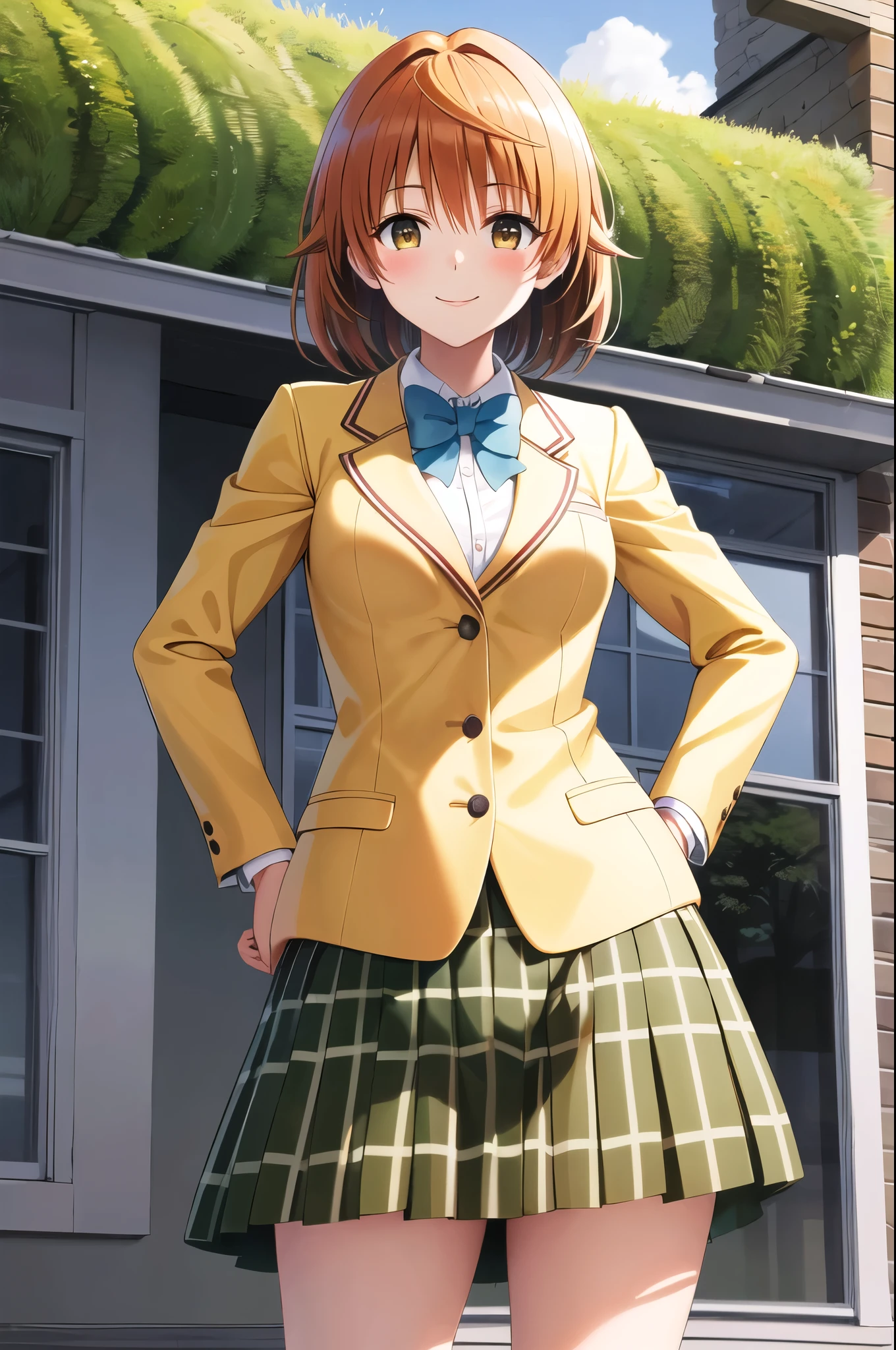 masterpiece, best quality, highres, aariko, short hair, brown eyes, school uniform, blue bowtie, blazer, yellow jacket, long sleeves, plaid skirt, green skirt, standing, hands on hip,cowboy shot, from below,smile, blushing,outdoors