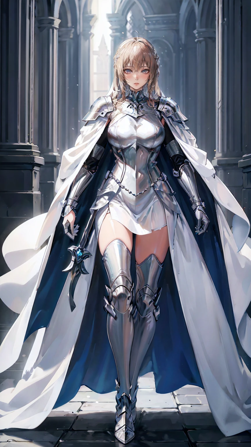 1 Holy Knight,  Decorated Decorative Armor ,  Silver White Armor and White Cloak , Silver White Helmet , Knight holding sword,  Full Body Aura Effect , Paladin, Sacred art, sacred power, Holy Knight, masterpiece 8k,  Extremely Detailed and High Quality , Complex, Realistic, Studio Lighting, Volumetric Lighting,  dramatic lighting,  dynamic poses , Structure of the film, elegant, hole々, Majestic, heroic, wonderful, Shine, Shine, Mysterious、that&#39; is a beautiful artistic oil painting .:1.2, Ultra-high resolution, Top quality masterpiece, Holy Knight, Tall,  Medium Hair That Reaches to the Shoulders{ x}:Wavy, Brown Hair, brown eyesA green cloak fluttering in the wind:1.2, Holding a double-edged sword, Beautiful and decorative sword:1.2, Pray to the sword,  fantasy art ,  amazing illustrations ,  Official Art Book Cover , green, Cinema Lighting, Backlight, drop shadow