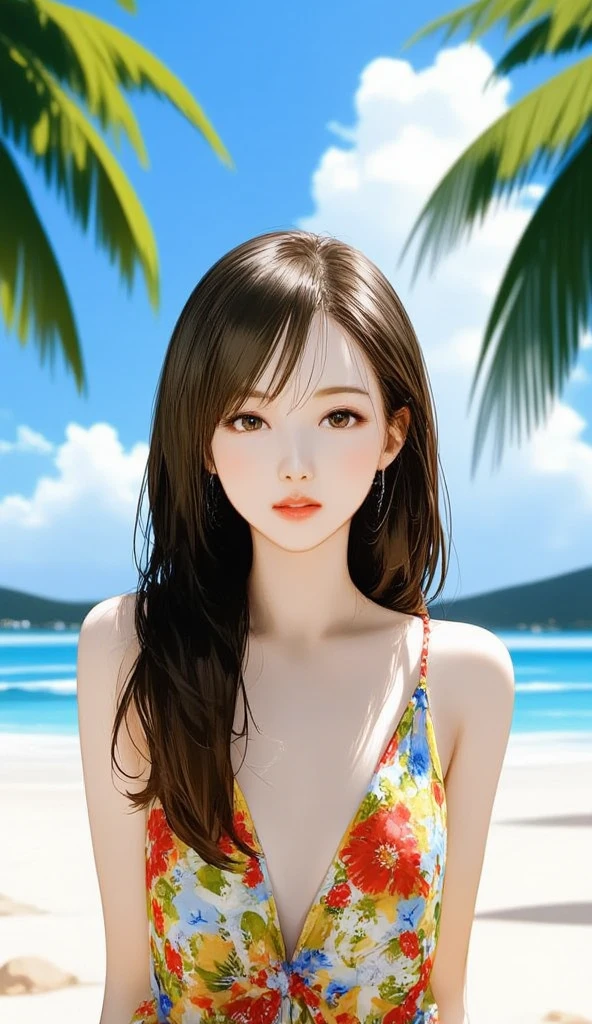 photorealistic anime illustration, a beautiful woman relaxing at the bachside, long wavy hair, colorful printed sundress, tropical island beach, elaborate details