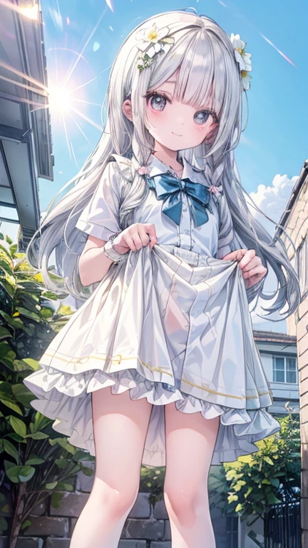 ((A Pretty  girl with silver hair and blue eyes)), ((wearing see through white collar tanktop and plaid mini skirt)), Babytop-quality, master piece, ultra-definition, high resolution)), anime girl, ((ultra-detailed illust:1.2)), only one person, bangs, hair between eye, beautiful hair, Beautiful eyes, huge breast, Big smile, opened mouth, barefoot, in the river, countryside,see through,((Nipples visible)),((nipples)),(lifted up skirt),pussy,((skirt lift)),((show off inside skirt)),