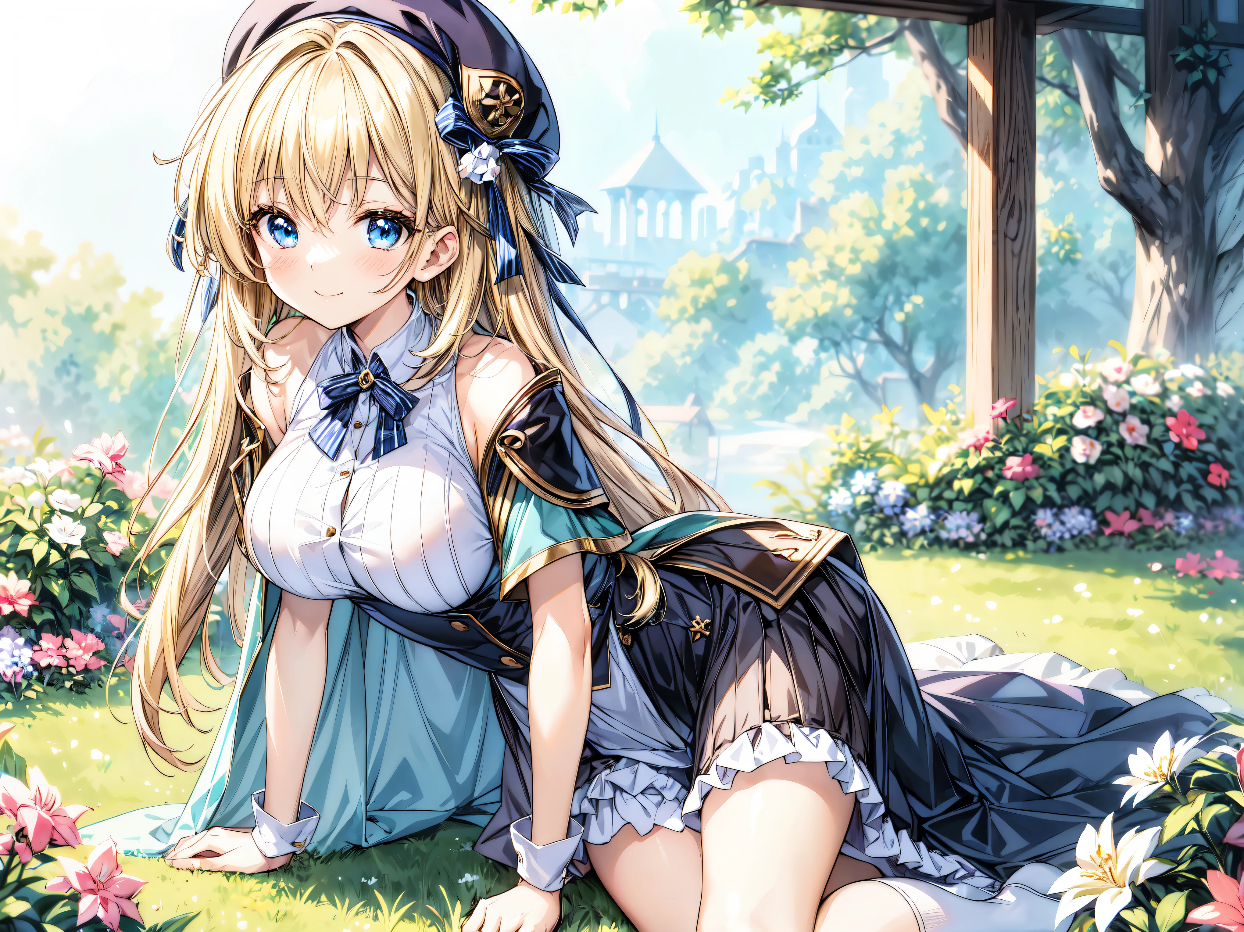 ((Ultra HD)), ((Super detailed)), ((Best Quality)), Blonde, ((Asymmetrical bangs)), KAWAII, happy smile, Big Breasts, breasts focus, Beret, Pleated mini skirt with lace, White Wizard, (baggy cloak), looking at viewer, from above, (leaning forward:1.2), on grassland, (((Complete Hand))), amazing digital painting, ((depth of field, blurred background)), (anime moe art style:1.3),