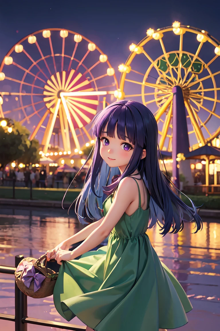 amusement park, ((Furude Rika)), woman, Alone, Blue Hair, Purple eyes, Long Hair,  sundress, ((Green Dress)),  Merry-Go-Round, Spinning Horse , 笑顔のwoman, Flowing Dress,  Night Illuminations, Fairy Lights