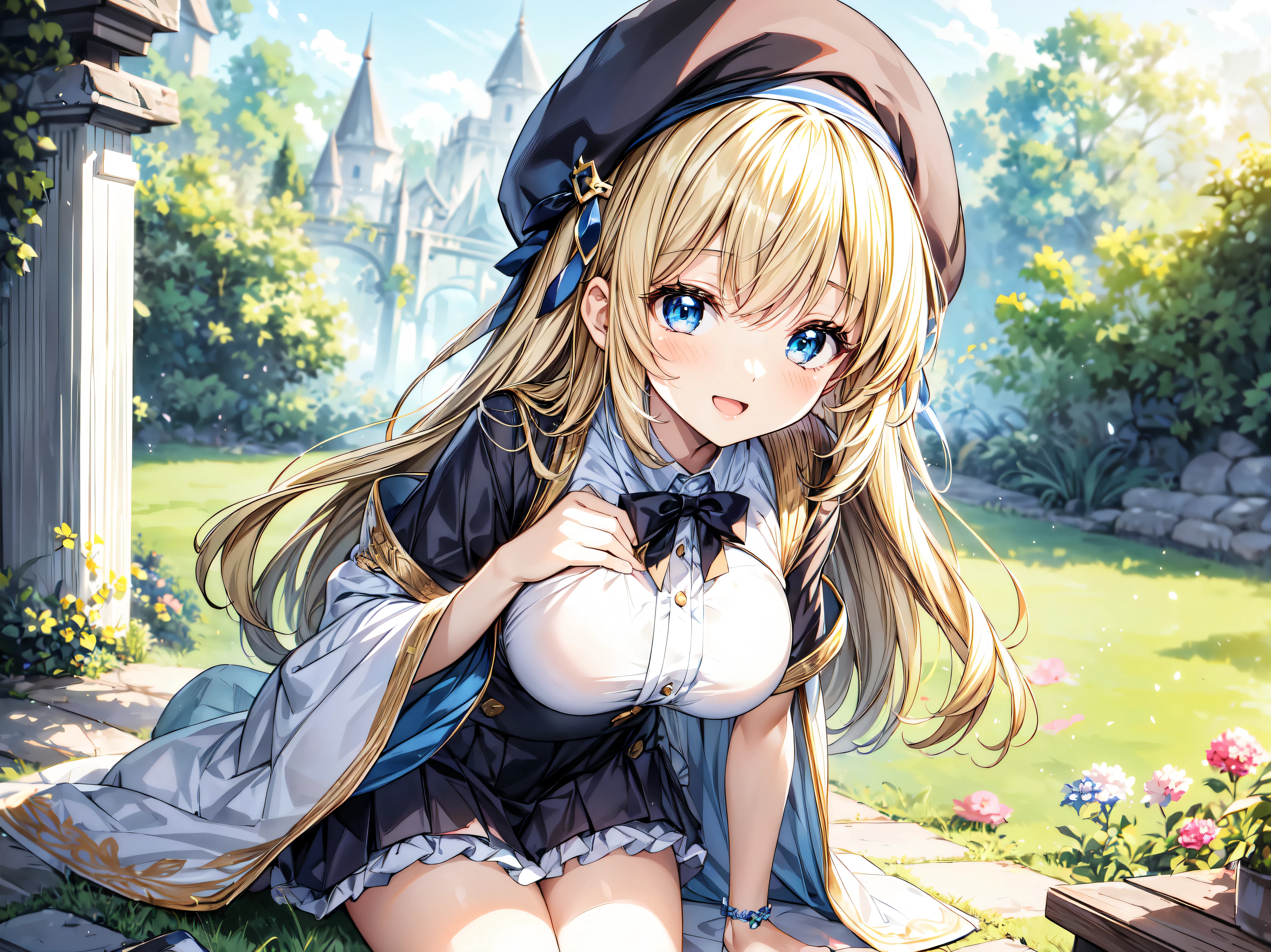 ((Ultra HD)), ((Super detailed)), ((Best Quality)), Blonde, ((Asymmetrical bangs)), KAWAII, happy smile, Big Breasts, breasts focus, Beret, Pleated mini skirt with lace, White Wizard, (baggy cloak), looking at viewer, from above, (leaning forward:1.2), on grassland, (((Complete Hand))), amazing digital painting, ((depth of field, blurred background)), (anime moe art style:1.3),