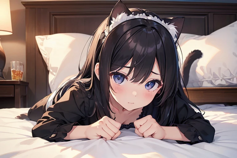 (((masterpiece, Best Quality, High resolution, 超High resolution, Pixel Perfect,  depth of border written , 4K, RTTX 10.0, Human Development Report)))、One girl、Game CG、(Five fingers)、(Accurate Arm)、(Perfect Fingers 1,3)、Perfect hands、 long black hair、 hair accessories、(From the front 1,2)Cat Pose、(On all fours 1,3)、Stretch your arms out、 hands on the bed 、Stretch your arms out、Tilt your face 、 look into the viewer 、I can see the valley、Slightly small chest、Cute white bra、 seductive white panties 、Embarrassed face