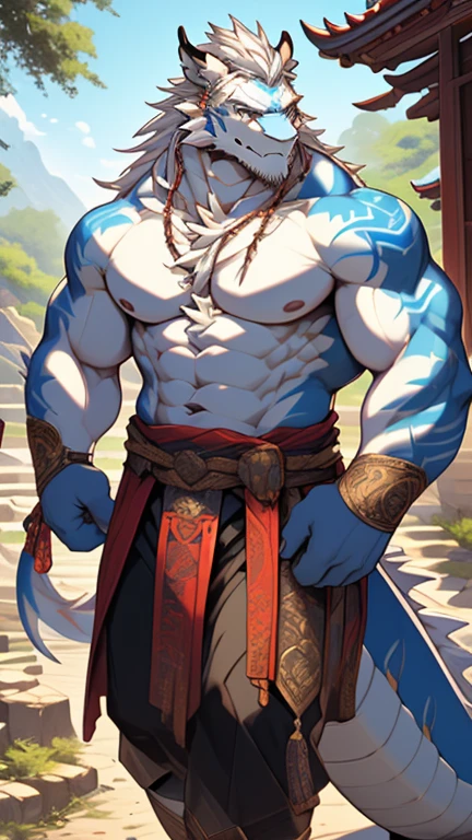 (masterpiece),(high resolution),( intricate details :1.4), Extremely Detailed,(illustration:1.2),8K,Realism,Anime avatar,Beautiful,Full body photo,age, Oriental male elder dragon , a mixture of oriental dragon and oriental tiger,White fur,Muscular,warrior,(Topless:1.4),(White hair:1.3),Ancient Chinese armor ,Sexy 