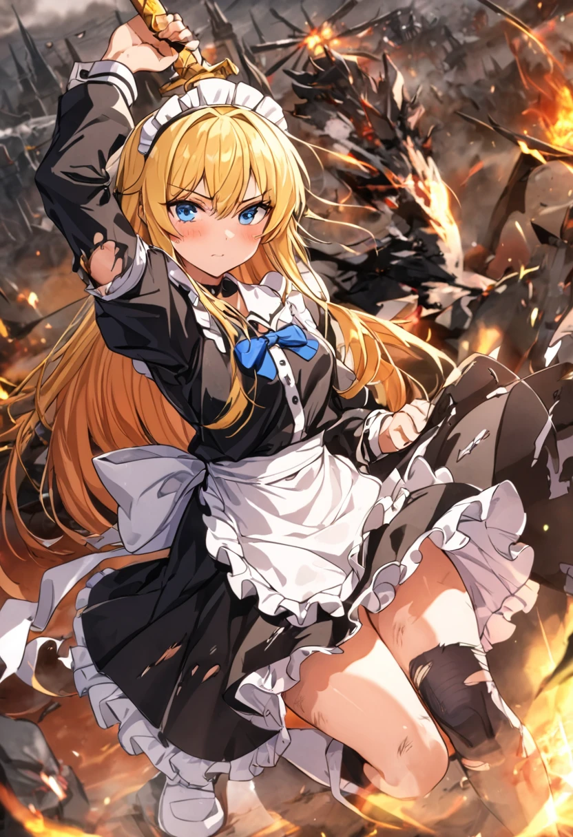 (8k, Best Quality, masterpiece:1.2), Ultra-high resolution, Blonde, Small breasts,  black dress to hang your body,  White Apron , Blue ribbon, Gold A-line, Gold accents, Gothic maid outfit, Long, Burning Battlefield, Castle Defense, Large two-handed sword, (Western design sword), Sword fight, A strong enemy in front of me, Close race, Fierce Fight, Deadly Combat, Being cornered, (Slashed by a sword:1,4), (Torn Apron:1.2), (Torn clothes:1.2), (Dirty clothes:1,2), (Dirty with ash and soot:1,4), Whole body dirt, scratch, Blood, Brandishing a sword with both hands,  clothes that are dirty with ash or soot are torn, Dirty with ash or soot, 