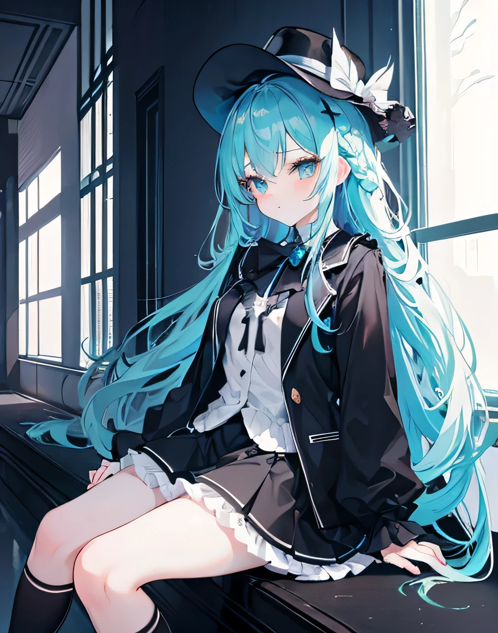 pov, knee level, dutch angle, cowboy shot, anime style, android mature woman, sitting, purple coolie hat, long hair, light blue hair, inner hair, detailed eyes, glow eyes, light blue eyes, irisdecent, shy face, light smile, white pale skin, porcelain skin, crossed legs, hand on cheek, purple and light blue dress skirt, long stockings
