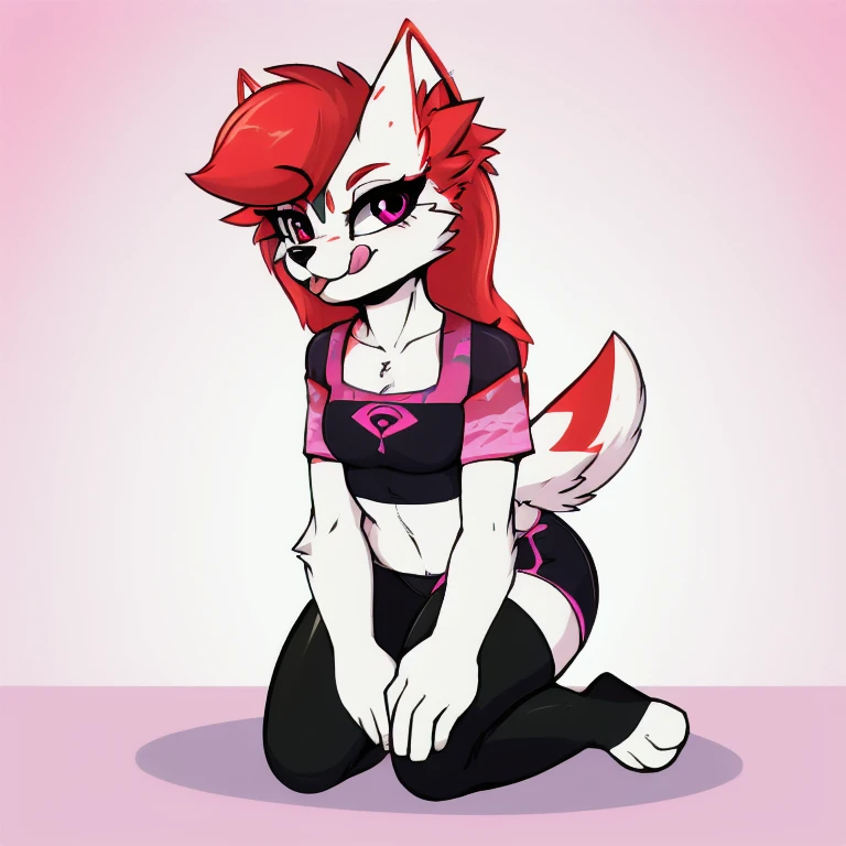 Anthropomorphic male crimson fox with pink nose, black ears, horns and purple eyes, two tails, fullbody view, solo, on knees, white background, digital art, lifting his shirt, femenine looking, different views, wearing a pink t-shirt and long pink socks with white stripes, looking at viewer, half eyes closed.