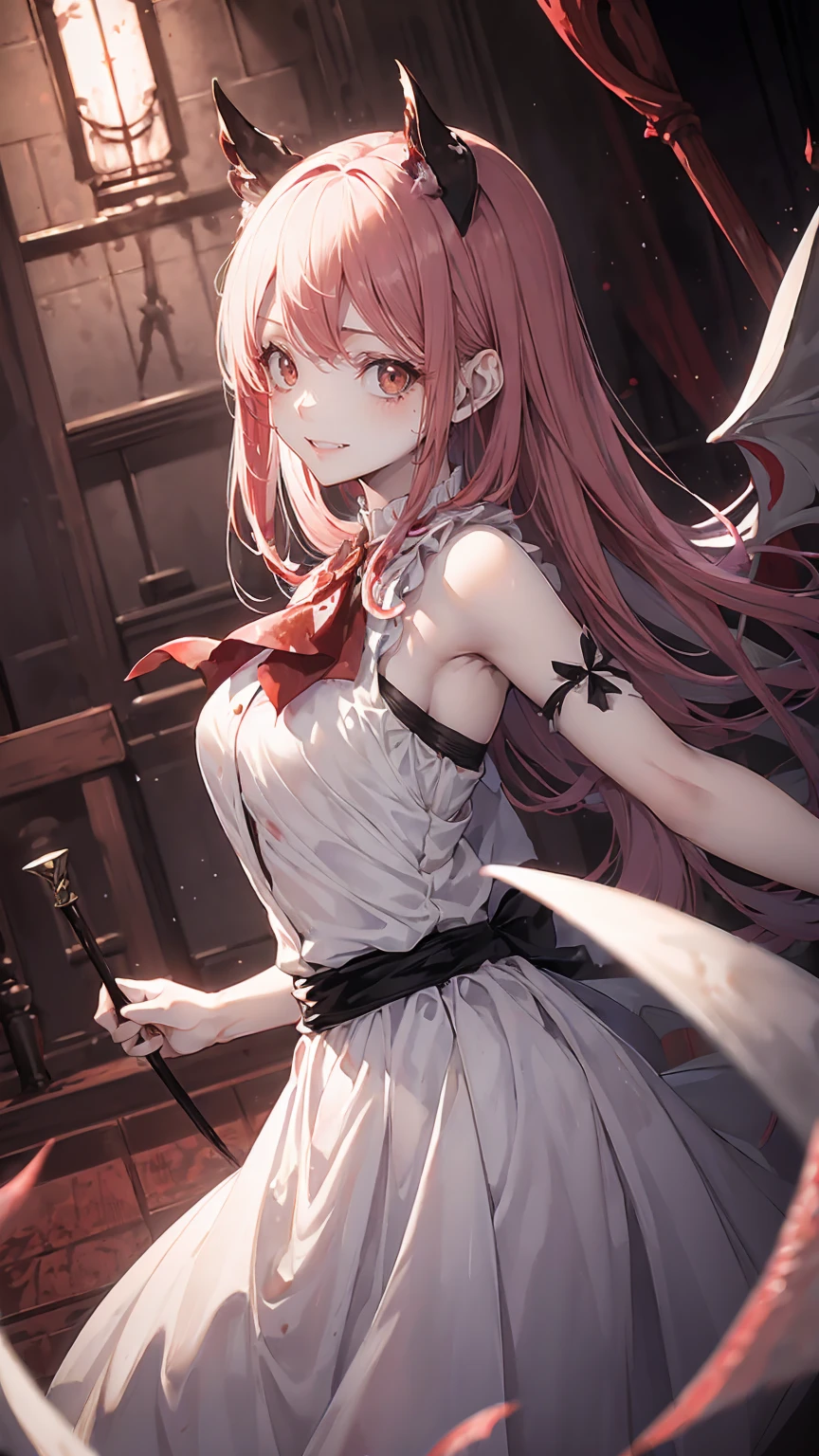 Shaded face　、beautiful girl、とてもcute天使、Pink Gothic FaShion、cute、baby face、Smile、Long Skirt、Black long bootS、.(HigheSt quality,4K,High reSolution,maSterpiece:1.2), very detailed,RealiStic:1.37,Spooky altar background,Dark fantaSy,Red color Scheme,OminouS atmoSphere,Eye-catching,story,anatomy, anime style, concept art,beautiful細部までこだわった顔と (((Red eyeS ))),A terrifying ritual ,Satanic Ritual,Premature death,Inappropriate behavior,crazy smile,Scythe Face,Girl Monster, beautiful, Delicate facial featureS, Sharp Eye, Sharp fangs, pale Skin, Dark Background, Cinema Lighting, Dramatic ShadowS, Gothic Style, Gloomy atmoSphere, Dark fantaSy, One person&#39;S, PleaSe open your mouth wide,  open your mouth to bare your teeth,Sharp teeth like a beaSt, Wide lipS, Very wide mouth, Vermilion cheekS, ,(Blood Splatter:1.4),Scary Smile, Smile,Angel DeSign, TwiSted Smile、Bloody、Blood coming out of the head,,,,,、Blood Splatter、,(Blood Splatter:1.4),Skull,Devil&#39;s Spear,Horror Style, ((FantaSy Sweet Ta Frill Pink CoStume)), ((Flowing blonde hair)), ,(Blood Splatter:1.4),Female curveS, Sexy flat Stomach, Perfect handS, Perfect anime face, (Pink Tata DreSS)), Are Standing, ((Evil smile)), ,(Blood Splatter:1.4), Steam circulateS, Moonlight Illumination, night lighting, (Blood Splatter:1.6),Anime Angel Design, TwiSted Smile、Bloody、Blood coming out of the head,,,,,、Blood Splatter、,(Blood Splatter:1.4), Skull,Gothic architecture、WeStern architecture、FantaSy World、,Victorian citieS, Skeleton GaS Light,Absurd, High reSolution、 ((Tabletop)), ((HigheSt quality)), ( very detailedな), (( very detailed)), (beautiful), ((cute)), (NFSW:1.8), Alone,(:1.6)、(world&#39;The moSt terrifying and creepy demon girl:1.5)beautiful face、Full body Ezbian、pale, beautiful肌、beautiful金の髪、Smile gently、Dark building ruinS、(Snow white&#39;Frill dreSS:1.3)、(The dark ruinS are Stained with blood:1.3)、Low angle full body Shot、(The girl is standing in a pool of blood:1.5)、(The ground iS :1.3)、(The girl loSt a lot of blood....:1.3)、(crazy smile:1.6)、SpiritS、(Blood dripping from the mouth:1.3)、
