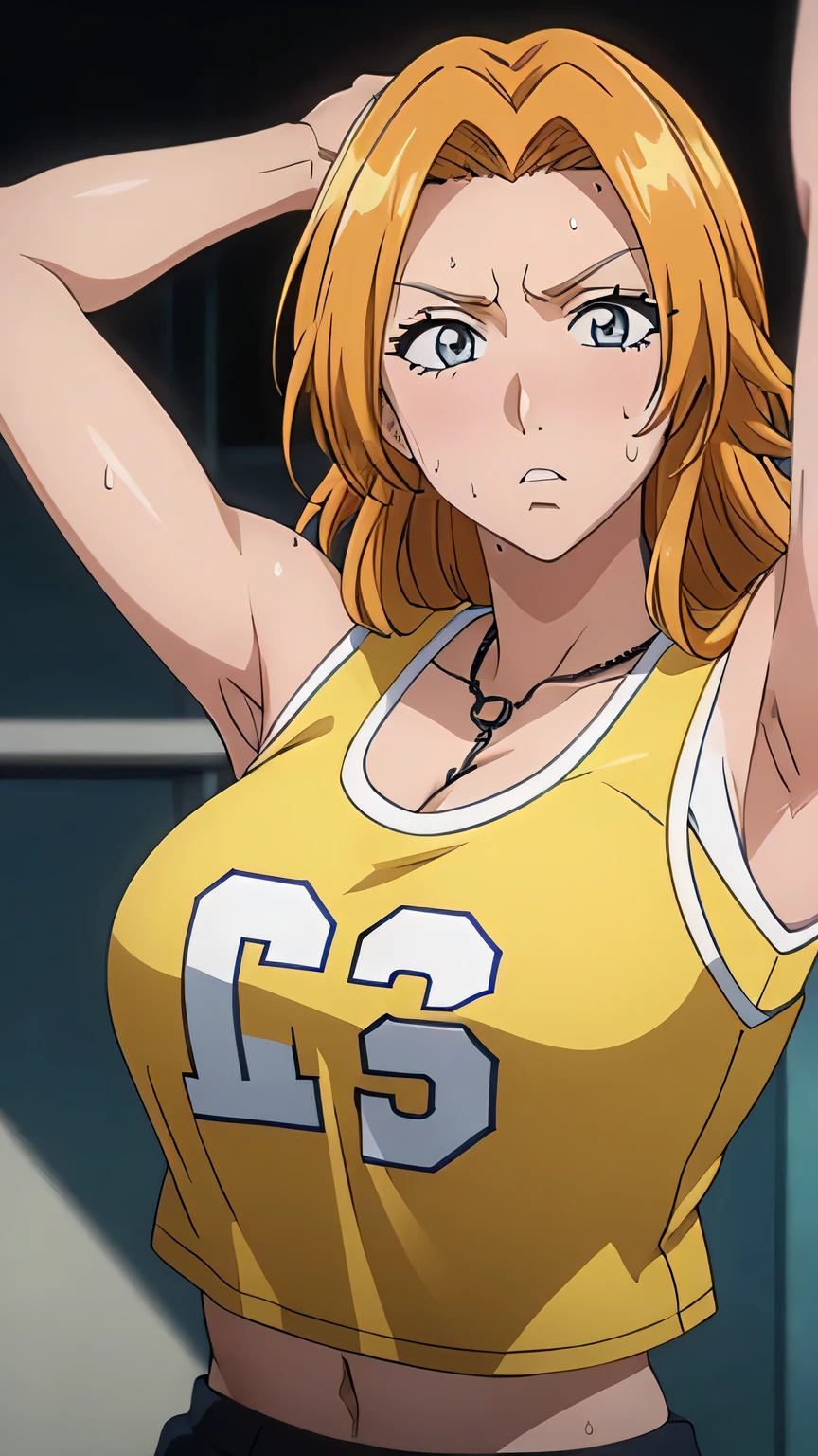 a close up of a person wearing a basketball uniform, a picture, inspired by Kentaro Miura, trending on pixiv, Rangiku Matsumoto, Bleach, wearing yellow nba jersey, yellow croptop nba jersey, wearing a low cut croptop, wearing croptop, croptop, the words "Lakers" written on the croptop, golden raito, (winking), shirobako, large)}], favorite scene, fine details. anime. skins, sweating, big breasts, both hands raised, armpits, armpits visible, dripping with sweat, more more sweat, sweaty armpits , blushy , detailed eyes , detailed face