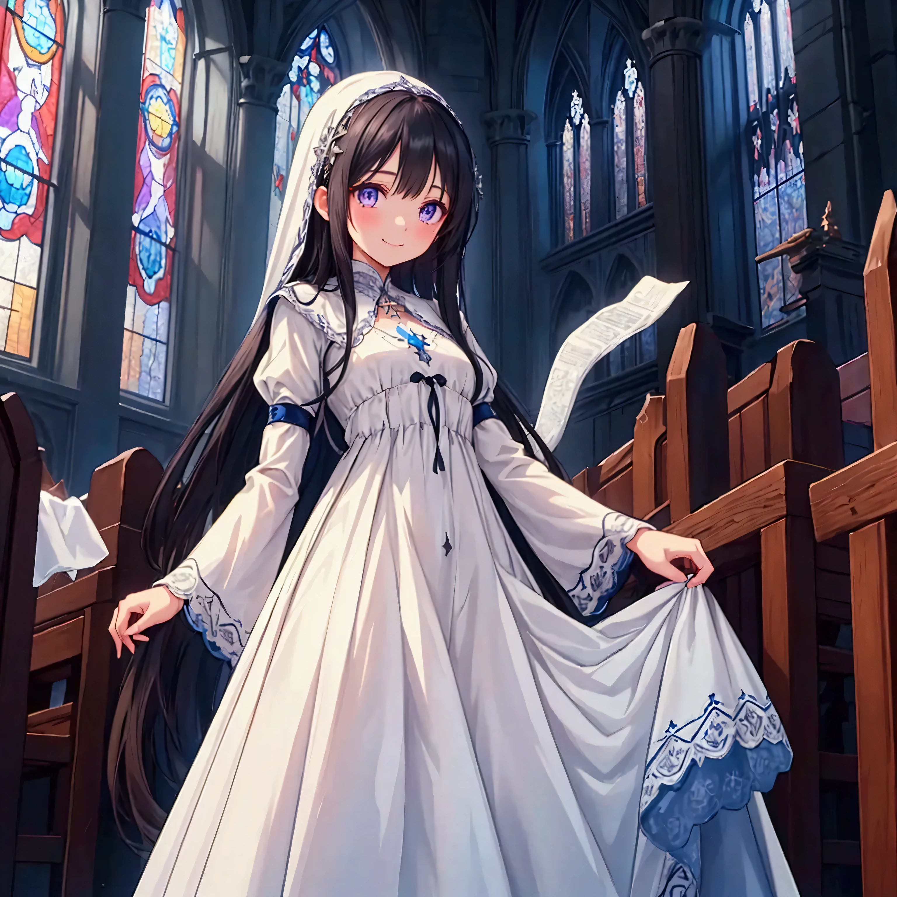 A slender woman with long, flowing black hair, standing at 160 cm tall, weighing 45 kg, with a petite chest. Her eyes are a soft, pale blue, giving her a mysterious and ethereal aura. She wears a long, white dress in a medieval-modern style, adorned with intricate details that flow gracefully around her. She stands in a Christian church with light streaming through stained glass windows, casting colorful reflections throughout the space. Her expression is a shy smile, adding a touch of warmth to her otherworldly presence. The scene feels dreamlike and surreal, with soft colors blending blues, purples, and silvery tones, enhanced by ethereal lighting. The image is rendered in ultra-high quality, capturing every fine detail with stunning clarity in UHD, retina, and 4K resolution.