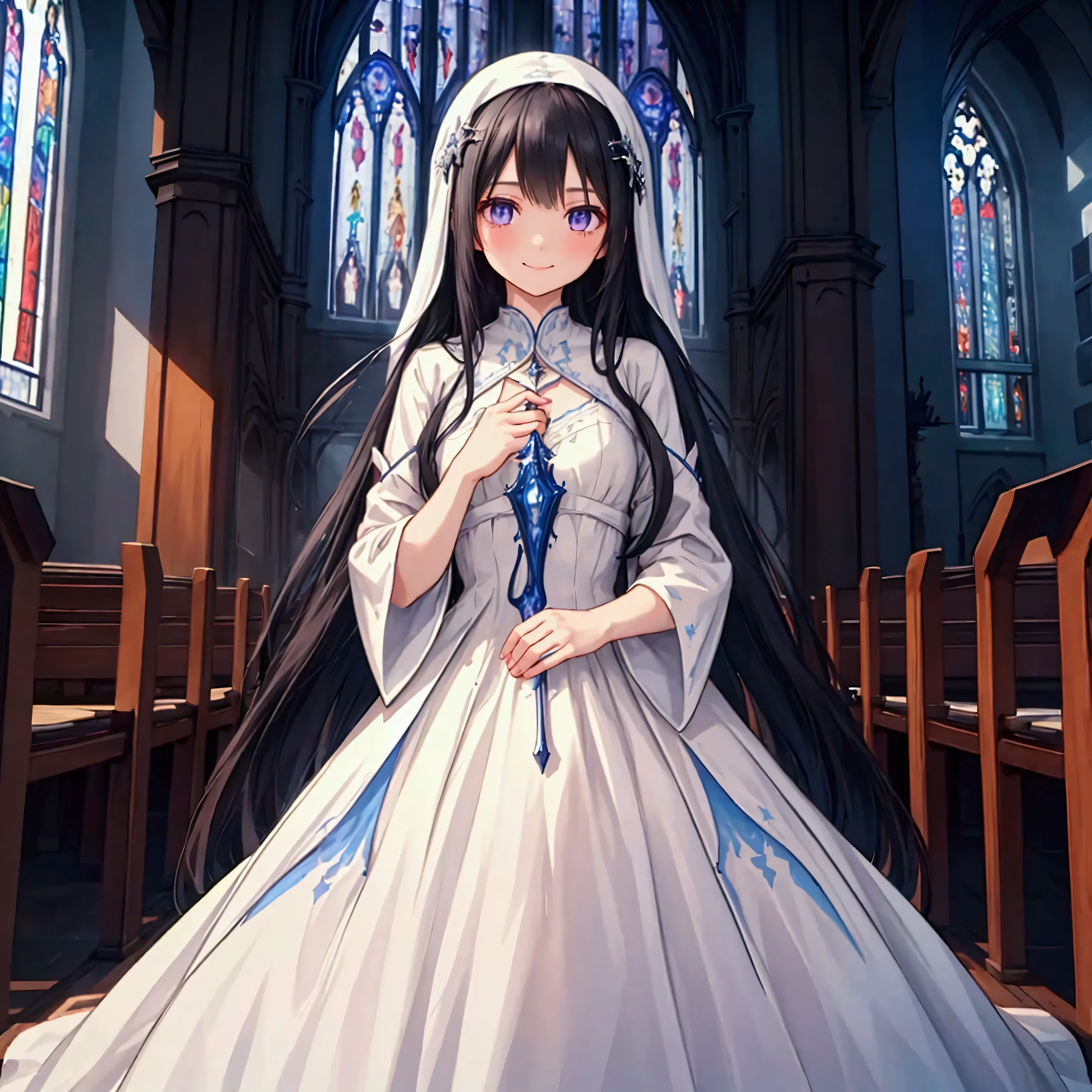 A slender woman with long, flowing black hair, standing at 160 cm tall, weighing 45 kg, with a petite chest. Her eyes are a soft, pale blue, giving her a mysterious and ethereal aura. She wears a long, white dress in a medieval-modern style, adorned with intricate details that flow gracefully around her. She stands in a Christian church with light streaming through stained glass windows, casting colorful reflections throughout the space. Her expression is a shy smile, adding a touch of warmth to her otherworldly presence. The scene feels dreamlike and surreal, with soft colors blending blues, purples, and silvery tones, enhanced by ethereal lighting. The image is rendered in ultra-high quality, capturing every fine detail with stunning clarity in UHD, retina, and 4K resolution.