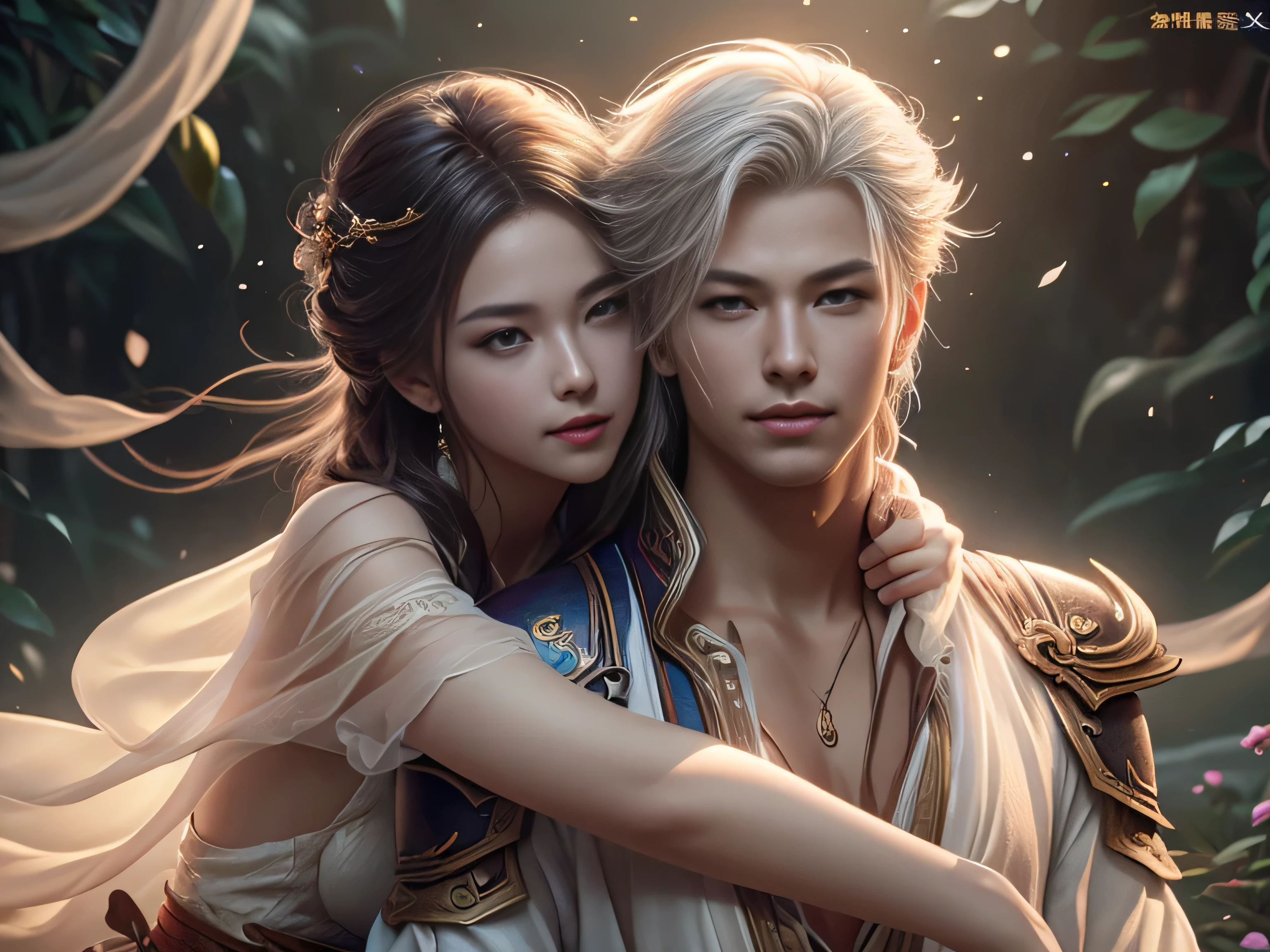 (Best Quality, Super Detail, Masterpiece, Representative Work, Official Art, Professional, Super Fine Detail, 8k:1.3), (photorealism:1.2), (Couple, Beautiful Girl and Boy), A couple in the sea of flowers, Handsome guy hugs beautiful girl from behind, Smiling and Wearing White Clothes, Delicate Hair, Chinese Beauty and Handsome Man, Wearing Ancient Chinese Clothes, Flowing Tulle, Light Silk, Create a movie poster similar to those used in Chinese romantic fantasy dramas, Correct proportions, Perfect face, perfect hands, Sweet atmosphere, Photorealistic, Sharp Focus, Dreamy Atmosphere, Delicate Details, Soft Volumetric Light, (Backlight:1.3), (Cinematic:1.2), Intricate Details, (ArtStation:1.3)