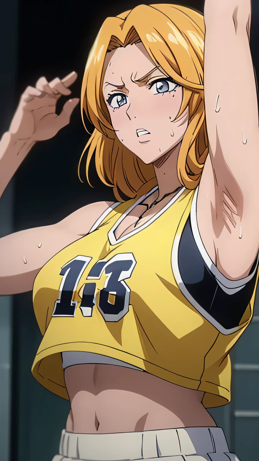 a close up of a person wearing a basketball uniform, a picture, inspired by Kentaro Miura, trending on pixiv, Rangiku Matsumoto, Bleach, wearing yellow nba jersey, yellow croptop nba jersey, wearing a low cut croptop, wearing croptop, croptop, the words "Lakers" written on the croptop, golden raito, (winking), shirobako, large)}], favorite scene, fine details. anime. skins, sweating, big breasts, both hands raised, armpits, armpits visible, dripping with sweat, more more sweat, sweaty armpits , blushy