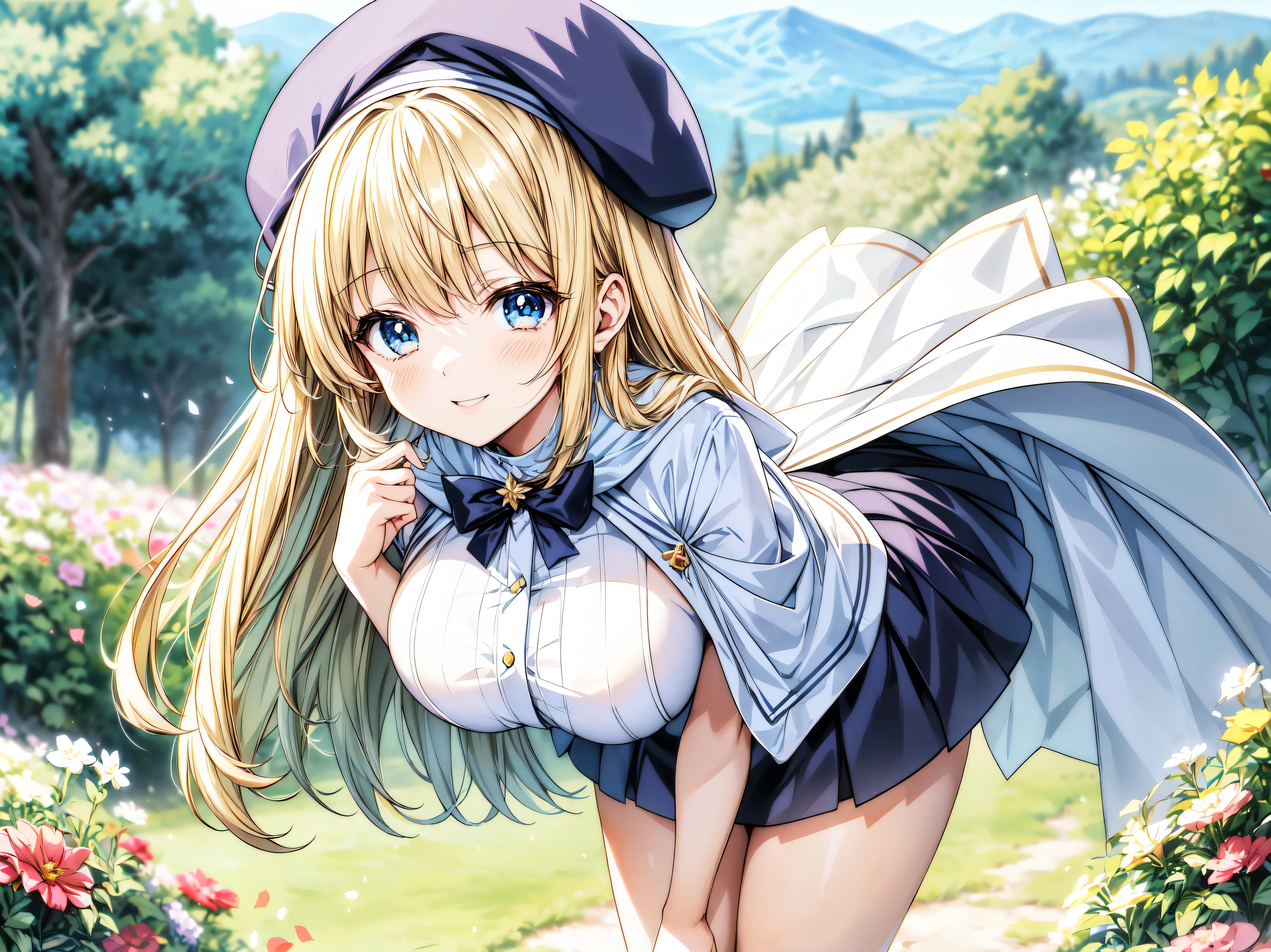 ((Ultra HD)), ((Super detailed)), ((Best Quality)), Blonde, ((Asymmetrical bangs)), KAWAII, happy smile, Big Breasts, breasts focus, Beret, Pleated mini skirt with lace, White Wizard, (baggy cloak), looking at viewer, from above, (leaning forward:1.2), on grassland, (((Complete Hand))), amazing digital painting, ((depth of field, blurred background)), (anime moe art style:1.3),