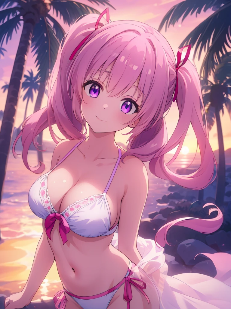 ((8k, Highest quality, masterpiece: 1.3)),Ultra-high resolution,(1 girl, alone), Highly detailed dark purple eyes, Highly detailed face, from above, closed mouth, head tilt, light from back,
light pink short twintails, sunglasses on head, white bikini, sunset, breast, blurry background, ribbons, palm trees