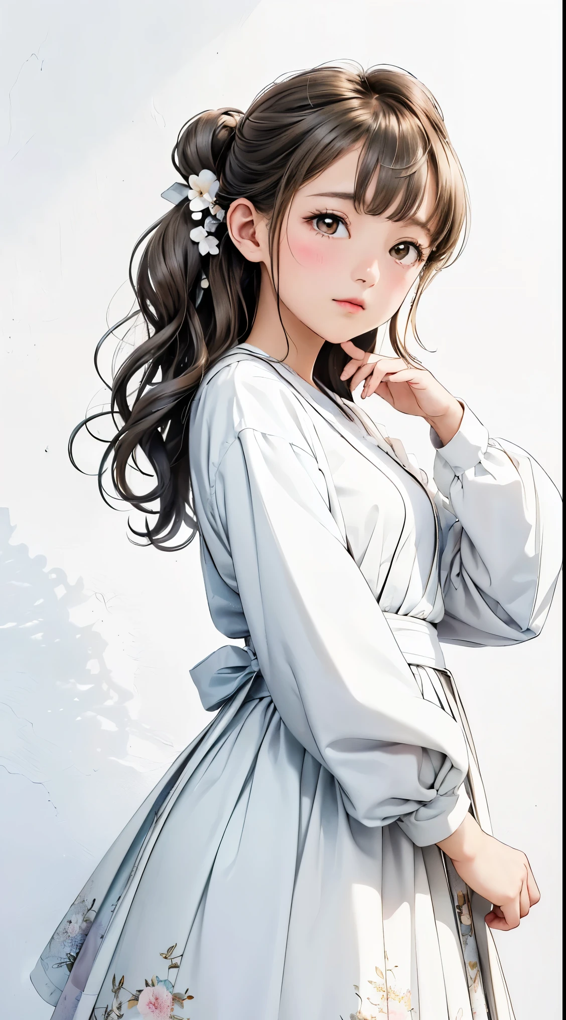 (((simple composition)))、(((The background is a white wall:1.2)))、one girl、perfect anatomy、painterly、sketch、very delicate、wall with cloud-like pattern、、Floral、delicate depiction、Abstract、overall light color、gentle color、Taisho romance、(masterpiece、highest quality、highest quality、official art、beautiful beautiful:1.2)、