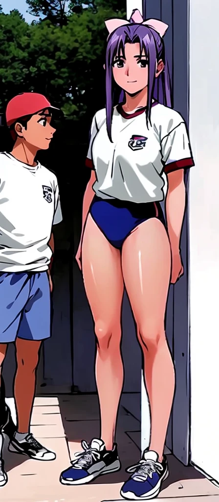 Miyano-saki Sutsuki with beautiful legs is standing next to a boy in a gym uniform, wearing a white gym uniform and bright navy blue bloomers that resemble panty shape.。