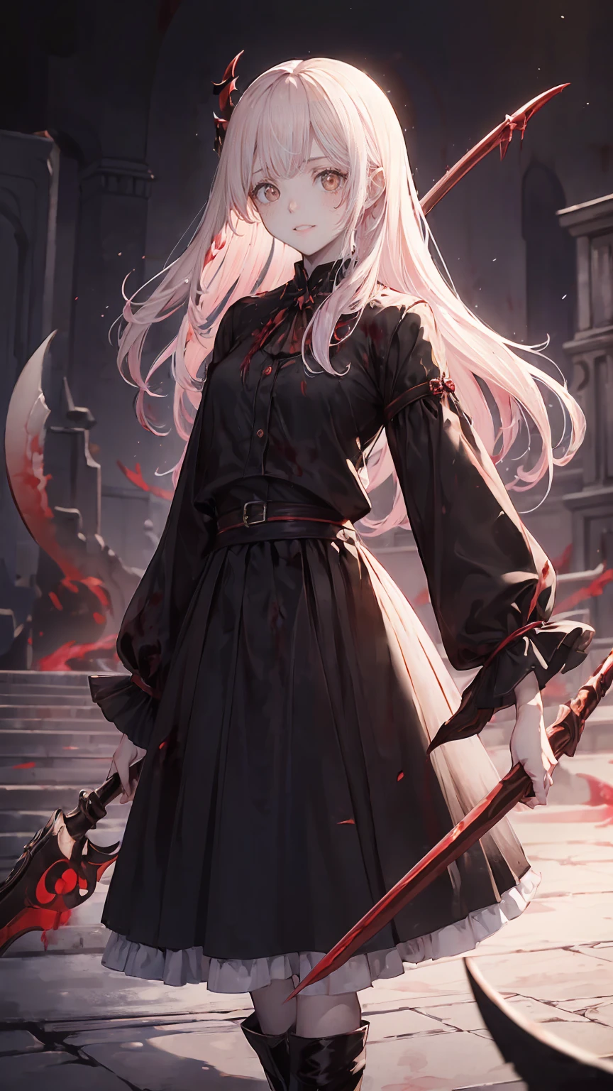 Shaded face　、beautiful girl、とてもcute天使、Pink Gothic FaShion、cute、baby face、Smile、Long Skirt、Black long bootS、.(HigheSt quality,4K,High reSolution,maSterpiece:1.2), very detailed,RealiStic:1.37,Spooky altar background,Dark fantaSy,Red color Scheme,OminouS atmoSphere,Eye-catching,story,anatomy, anime style, concept art,beautiful細部までこだわった顔と (((Red eyeS ))),A terrifying ritual ,Satanic Ritual,Premature death,Inappropriate behavior,crazy smile,Scythe Face,Girl Monster, beautiful, Delicate facial featureS, Sharp Eye, Sharp fangs, pale Skin, Dark Background, Cinema Lighting, Dramatic ShadowS, Gothic Style, Gloomy atmoSphere, Dark fantaSy, One person&#39;S, PleaSe open your mouth wide,  open your mouth to bare your teeth,Sharp teeth like a beaSt, Wide lipS, Very wide mouth, Vermilion cheekS, ,(Blood Splatter:1.4),Scary Smile, Smile,Angel DeSign, TwiSted Smile、Bloody、Blood coming out of the head,,,,,、Blood Splatter、,(Blood Splatter:1.4),Skull,Devil&#39;s Spear,Horror Style, ((FantaSy Sweet Ta Frill Pink CoStume)), ((Flowing blonde hair)), ,(Blood Splatter:1.4),Female curveS, Sexy flat Stomach, Perfect handS, Perfect anime face, (Pink Tata DreSS)), Are Standing, ((Evil smile)), ,(Blood Splatter:1.4), Steam circulateS, Moonlight Illumination, night lighting, (Blood Splatter:1.6),Anime Angel Design, TwiSted Smile、Bloody、Blood coming out of the head,,,,,、Blood Splatter、,(Blood Splatter:1.4), Skull,Gothic architecture、WeStern architecture、FantaSy World、,Victorian citieS, Skeleton GaS Light,Absurd, High reSolution、 ((Tabletop)), ((HigheSt quality)), ( very detailedな), (( very detailed)), (beautiful), ((cute)), (NFSW:1.8), Alone,(:1.6)、(world&#39;The moSt terrifying and creepy demon girl:1.5)beautiful face、Full body Ezbian、pale, beautiful肌、beautiful金の髪、Smile gently、Dark building ruinS、(Snow white&#39;Frill dreSS:1.3)、(The dark ruinS are Stained with blood:1.3)、Low angle full body Shot、(The girl is standing in a pool of blood:1.5)、(The ground iS :1.3)、(The girl loSt a lot of blood....:1.3)、(crazy smile:1.6)、SpiritS、(Blood dripping from the mouth:1.3)、
