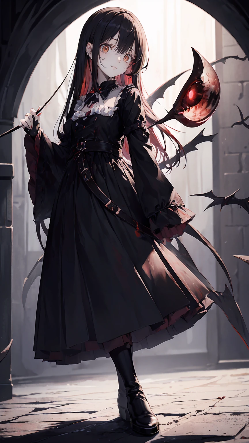 Shaded face　、beautiful girl、とてもcute天使、Pink Gothic FaShion、cute、baby face、Smile、Long Skirt、Black long bootS、.(HigheSt quality,4K,High reSolution,maSterpiece:1.2), very detailed,RealiStic:1.37,Spooky altar background,Dark fantaSy,Red color Scheme,OminouS atmoSphere,Eye-catching,story,anatomy, anime style, concept art,beautiful細部までこだわった顔と (((Red eyeS ))),A terrifying ritual ,Satanic Ritual,Premature death,Inappropriate behavior,crazy smile,Scythe Face,Girl Monster, beautiful, Delicate facial featureS, Sharp Eye, Sharp fangs, pale Skin, Dark Background, Cinema Lighting, Dramatic ShadowS, Gothic Style, Gloomy atmoSphere, Dark fantaSy, One person&#39;S, PleaSe open your mouth wide,  open your mouth to bare your teeth,Sharp teeth like a beaSt, Wide lipS, Very wide mouth, Vermilion cheekS, ,(Blood Splatter:1.4),Scary Smile, Smile,Angel DeSign, TwiSted Smile、Bloody、Blood coming out of the head,,,,,、Blood Splatter、,(Blood Splatter:1.4),Skull,Devil&#39;s Spear,Horror Style, ((FantaSy Sweet Ta Frill Pink CoStume)), ((Flowing blonde hair)), ,(Blood Splatter:1.4),Female curveS, Sexy flat Stomach, Perfect handS, Perfect anime face, (Pink Tata DreSS)), Are Standing, ((Evil smile)), ,(Blood Splatter:1.4), Steam circulateS, Moonlight Illumination, night lighting, (Blood Splatter:1.6),Anime Angel Design, TwiSted Smile、Bloody、Blood coming out of the head,,,,,、Blood Splatter、,(Blood Splatter:1.4), Skull,Gothic architecture、WeStern architecture、FantaSy World、,Victorian citieS, Skeleton GaS Light,Absurd, High reSolution、 ((Tabletop)), ((HigheSt quality)), ( very detailedな), (( very detailed)), (beautiful), ((cute)), (NFSW:1.8), Alone,(:1.6)、(world&#39;The moSt terrifying and creepy demon girl:1.5)beautiful face、Full body Ezbian、pale, beautiful肌、beautiful金の髪、Smile gently、Dark building ruinS、(Snow white&#39;Frill dreSS:1.3)、(The dark ruinS are Stained with blood:1.3)、Low angle full body Shot、(The girl is standing in a pool of blood:1.5)、(The ground iS :1.3)、(The girl loSt a lot of blood....:1.3)、(crazy smile:1.6)、SpiritS、(Blood dripping from the mouth:1.3)、
