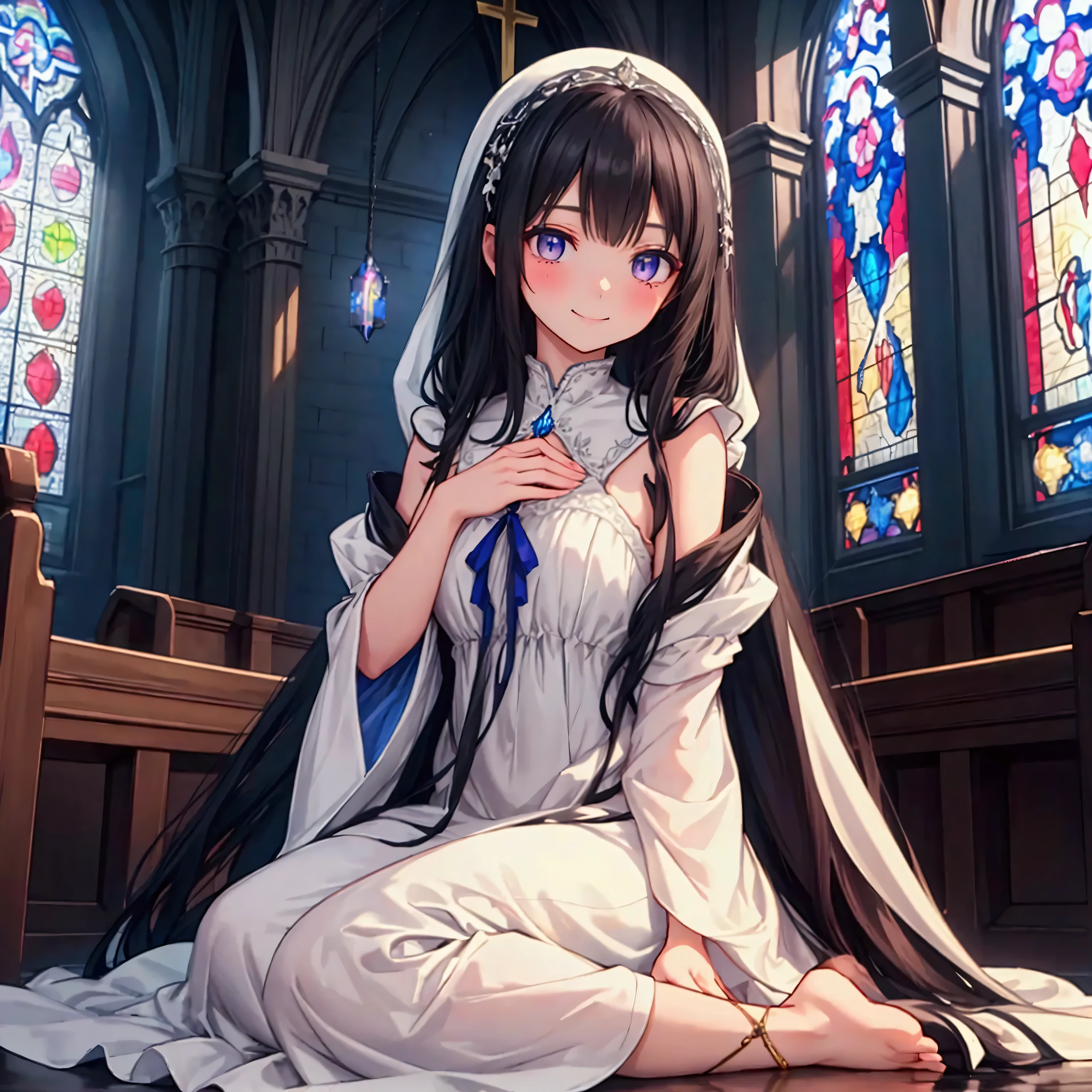 A slender woman with long, flowing black hair, standing at 160 cm tall, weighing 45 kg, with a petite chest. Her eyes are a soft, pale blue, adding to her mysterious and ethereal aura. She is seated, wearing a long, white dress in a medieval-modern style, adorned with intricate details. She is captured from behind, looking back over her shoulder with a shy smile. She sits within a Christian church, where light streams through stained glass windows, casting colorful reflections throughout the space. The scene feels dreamlike and surreal, with soft colors blending blues, purples, and silvery tones, enhanced by ethereal lighting. The image is rendered in ultra-high quality, capturing every fine detail with stunning clarity in UHD, retina, and 4K resolution.