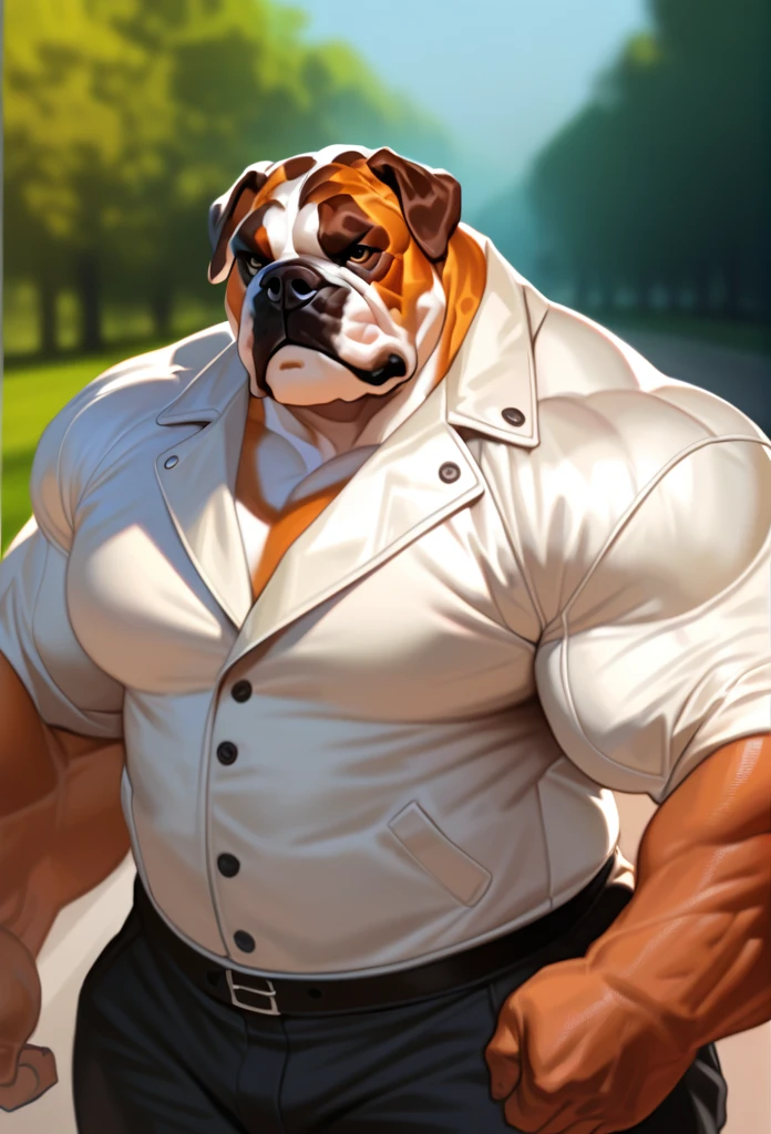 solo, 1boy, Muscular bulldog, wide shoulder, pectoral, thick arms, huge pectoral, wide pectoral, standing in street with meadow background, nature, short hair, grey hair, black pants and white shirts with outer leather jacket, grinning', simple background, masterpiece, semirealistic:1.2, high detailed, 8k, high resolution