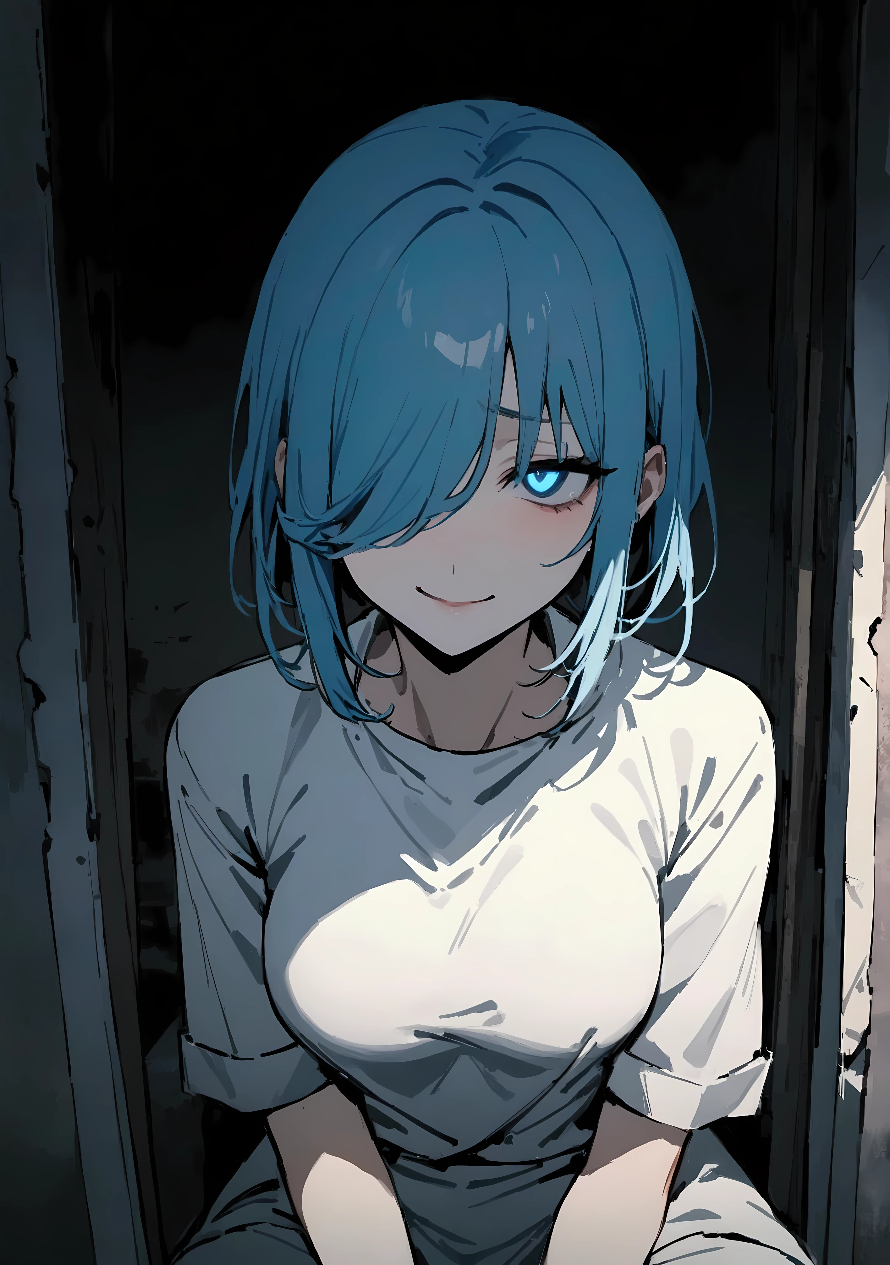 ( masterpiece:1.2, The best quality ), 1 woman, upper body part, nurse clothes , casual, medium breasts , blue hair covering one eye, Minimalist makeup,pale,natural fabrics, Close-up of the face , evil smile, heteroctomy eyes bright circular pupils,8k high resolution, detailed lines, (( full body)), Abandoned hospital background ,sitting on a stretcher,Lus focused on her
