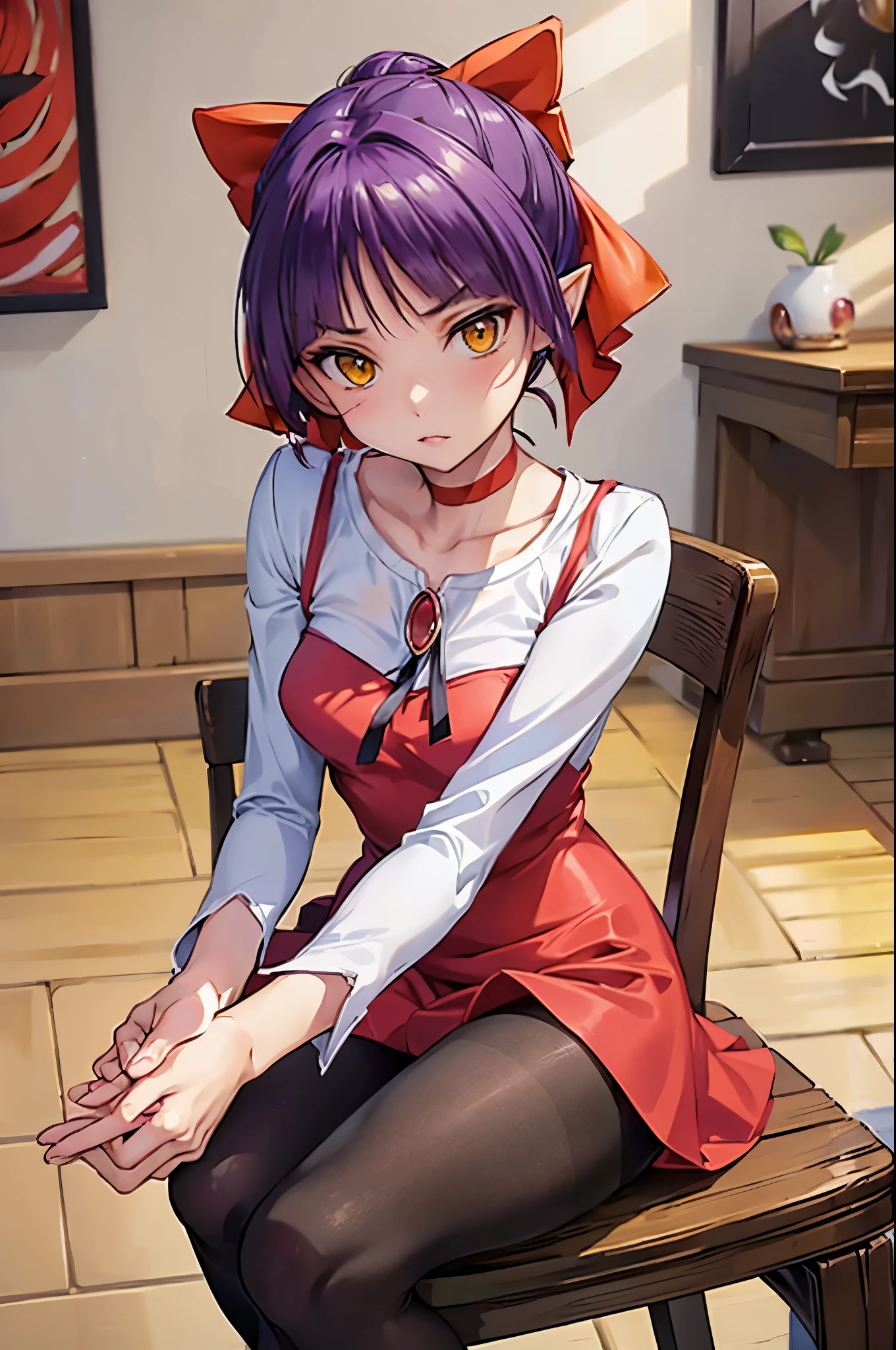 masterpiece,Best Quality, Best Quality, Perfect Skin,  beautiful attention to detail,Detailed face,((Perfect human structure))Dynamic Lighting,One Girl,View your audience, NMM1, Catgirl, Catgirl \(Gegege no Kitaro 6\), One Girl, Purple Hair, Yellow Eyes, Alone, Red dress, Red choker, hair ribbon,  pointed ears, short hair, White shirt, Long sleeve,, bangs, clavicle, brooch,  jewelry ,discovery, ((pantyhose)),((Crossing your legs)),indoor,,((Sit on a chair))