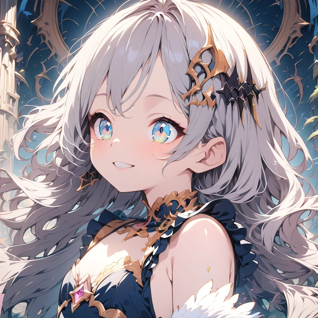 Absurd,anime,Detailed and beautiful eyes,(art),(artistic clothing:1.5),angel,gray hair,smile,(a girl:1.5),from the waist up,(small breasts:1.2),(small chest:1.2),mysterious,fallen Angel,Hello,(Large detailed hair ornament:1.2),(look away:1.5),detailed clothes,Flashy Moves,Mechanical,masterpiece, moe kawaii,abyss,luster,lame,(ultra detailed:1.2), ((highest quality)) ,Extremely Delicately Beautiful ,64k