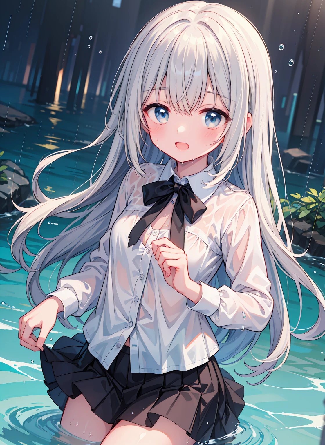 (8k, Best Quality, masterpiece: 1.2), Ultra-high resolution, 1 person, cute, Small breasts, Highly detailed face, White blouse, shirt, 大量のrain, rain,  wet,  Black underwear , ribbon, Gothic Long Skirt, Water droplets all over the body, A like smile, Bright smile, Lots of water, Submersion, Splash, Water up to one&#39;s chest, 