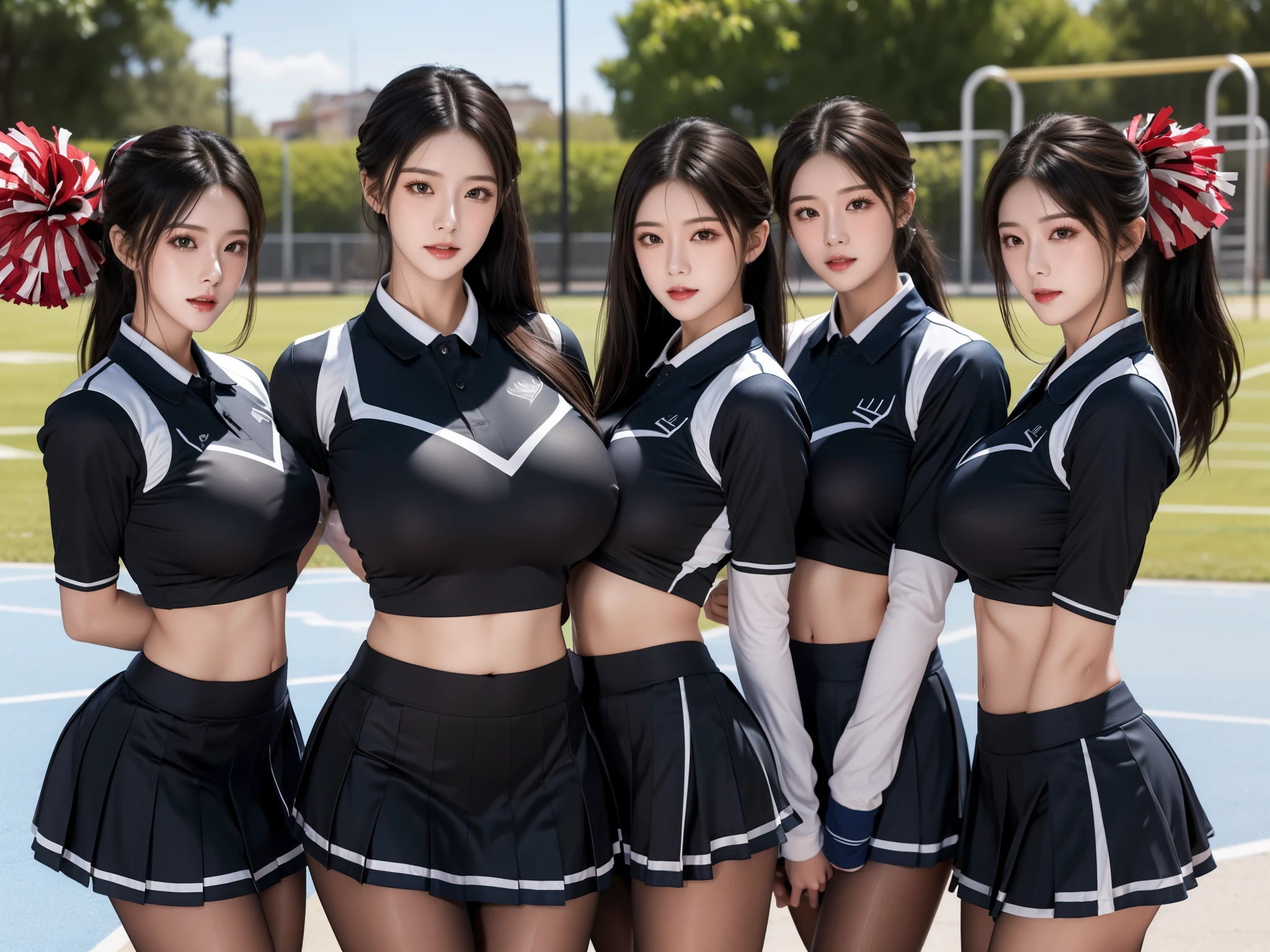Masterpiece,Best quality,offcial art,Extremely detailed Cg Unity 8K wallpaper,On the playground,Cheerleading uniforms,(cheerleading),Long hair,Single ponytail,Large,Mature woman,Black silk,Pantyhose,big breast,(full bodyesbian),ero404,(Short skirt),((group photo))